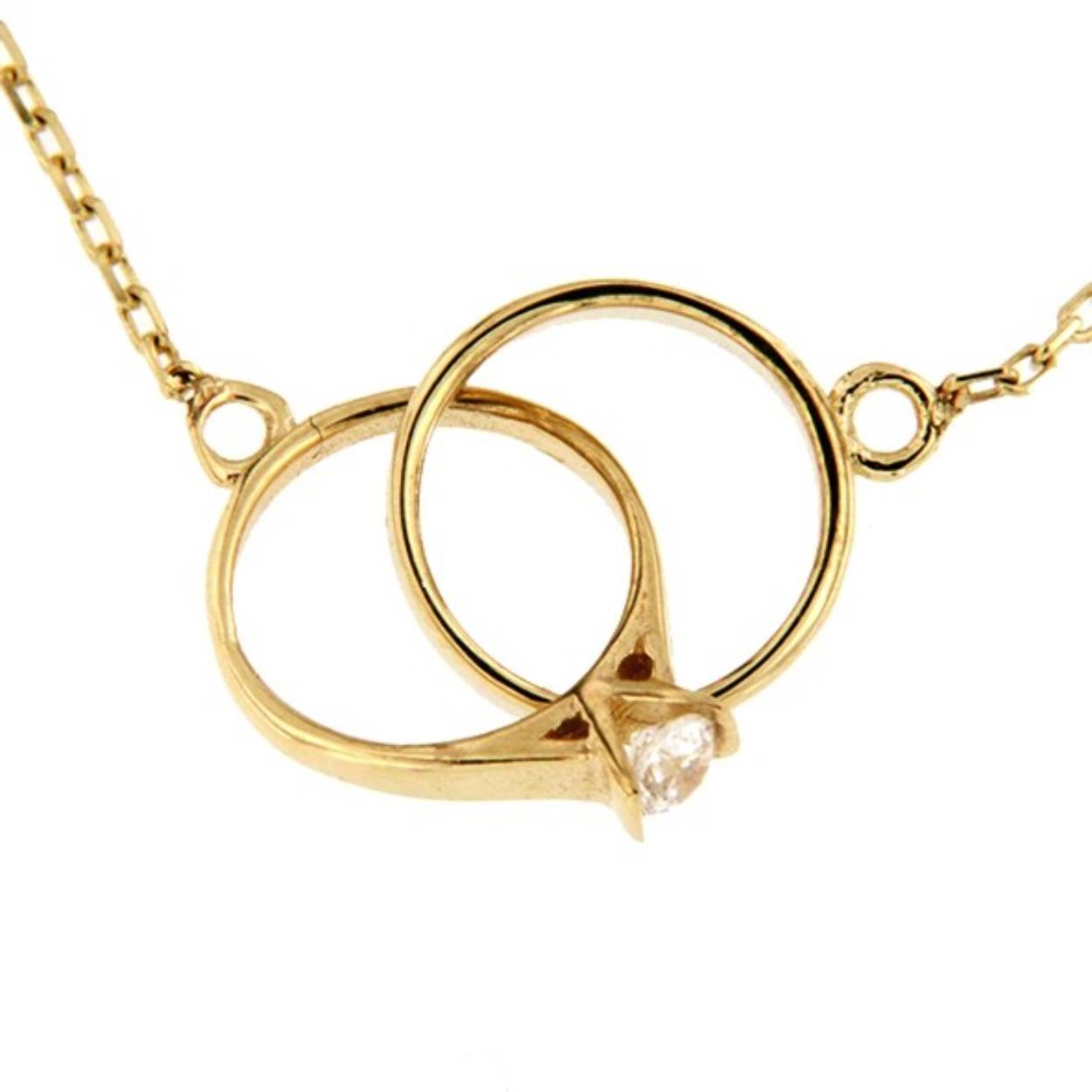 Fijn anker collier (42/45cm) met daartussen een symbool in de vorm van twee trouwringen met Zirkonia. 14k geelgoud.