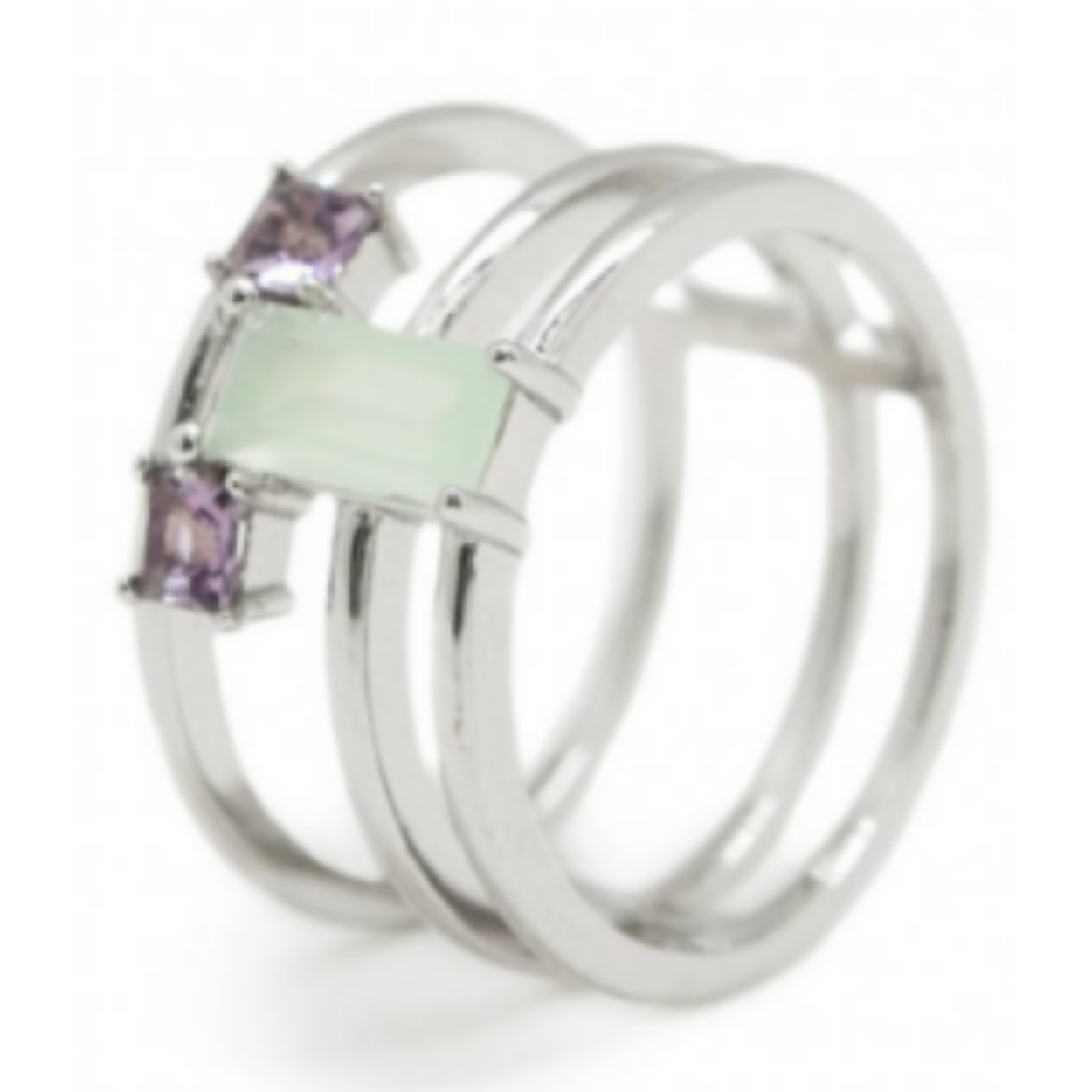 GROENE EN ROZE ADAMANTIN QUARTZ DRIEVOUDIGE ZILVEREN RING.