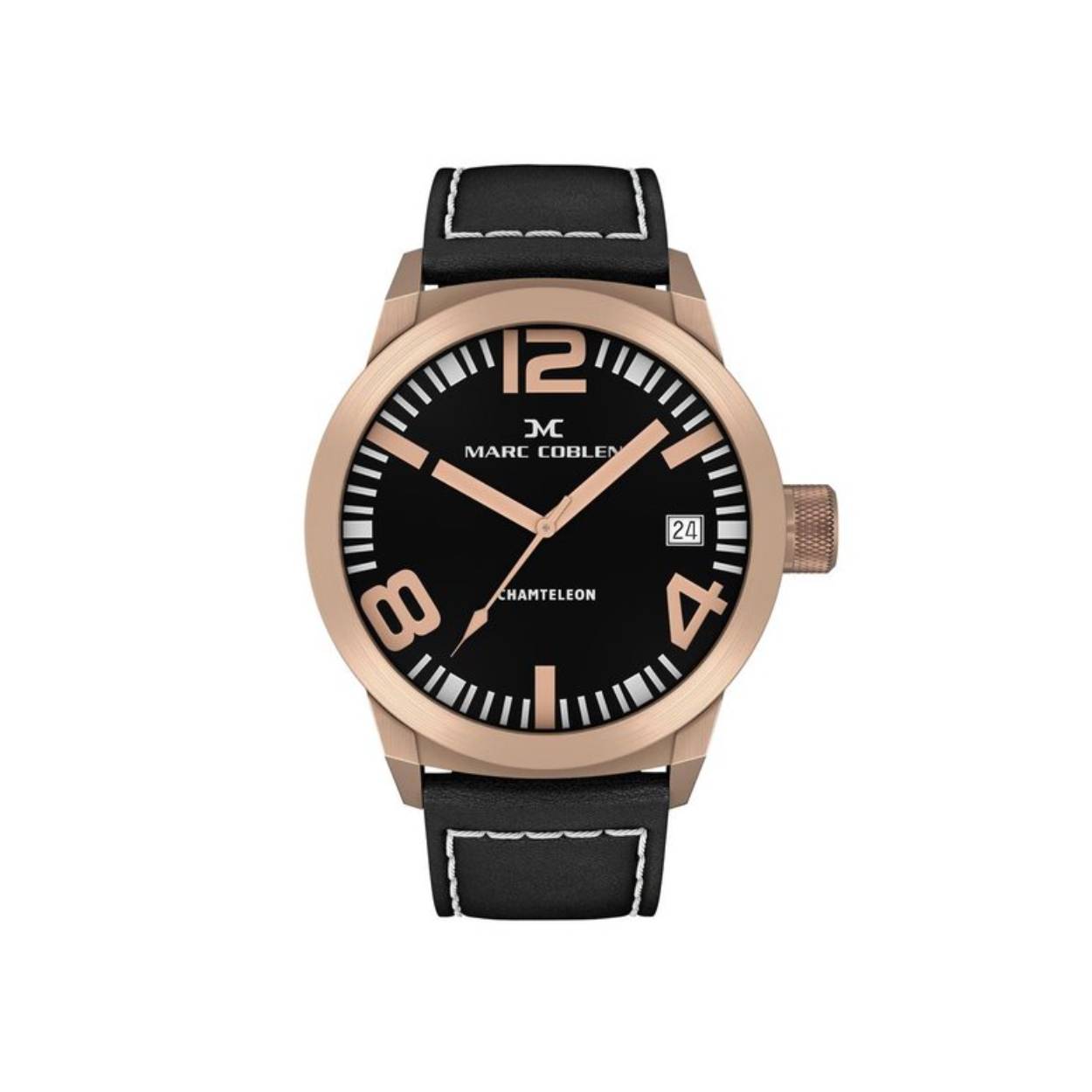 Marc Coblen horloge waarvan de lunette verwisselbaar is.
De kast is rose verguld.