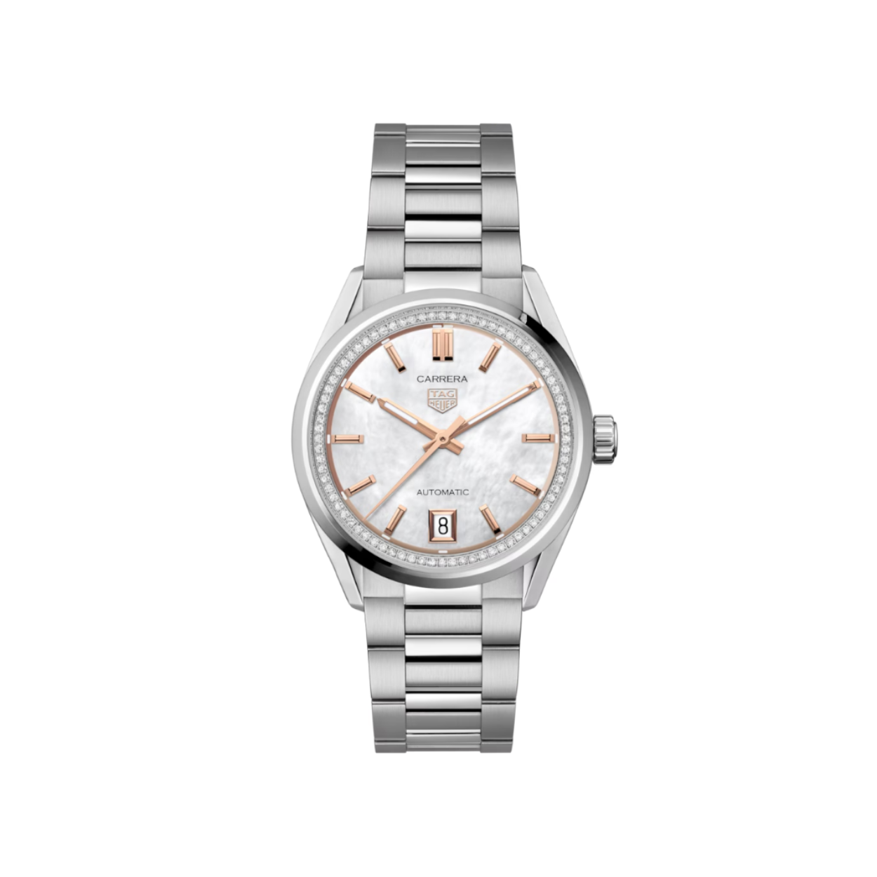Dit TAG Heuer horloge behoort tot de Carrera collectie.
Referentienummer: WBN231C.BA0001

Dit TAG Heuer Carrera horloge is uitgerust met een automatisch Calibre 7 uurwerk met een gangreserve van 56 uur. Dit voortreffelijke uurwerk is vervaardigd in een kast van 36 mm. 
De witte parelmoer wijzerplaat wordt omlijst door een stralende rand versierd met 76 diamanten (0,288 ct), terwijl de 18K 5N roségoudvergulde indexen en wijzers een subtiele laag van verfijning toevoegen.
Het horloge is gehuisvest in een kast van fijn geborsteld, gepolijst staal en heeft een achterkant van saffierglas, waardoor het automatische uurwerk Calibre 7 zichtbaar is.