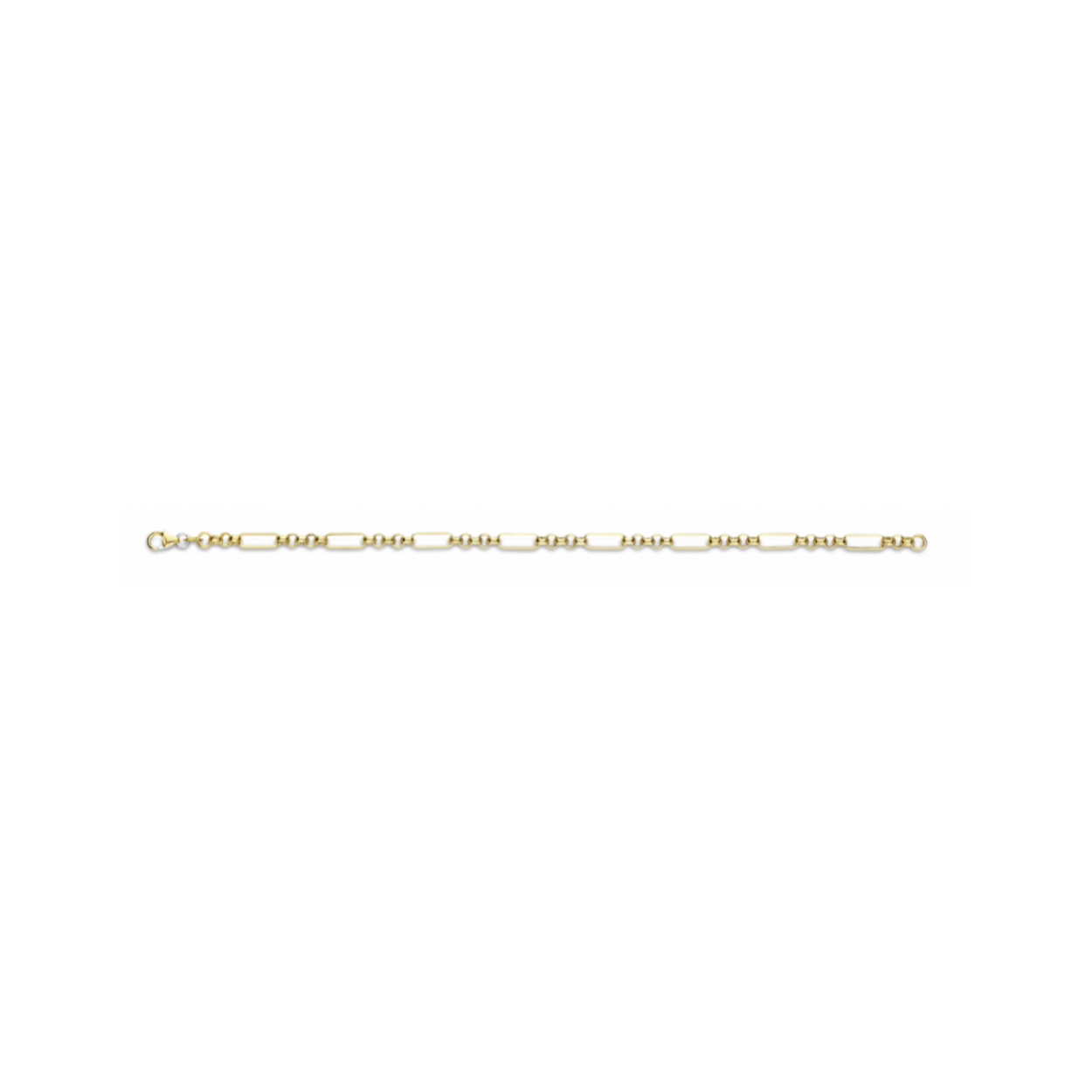 Fantasie schakel geel 4mm breed met 5 tussen ogen Massief 14krt gouden schakelarmband met een kern van massief zilver. Dit zorgt ervoor dat de armband niet kan deuken! Top kwaliteit armband voorzien van een `585' 14krt goud keurteken en een `925' zilver keurteken.