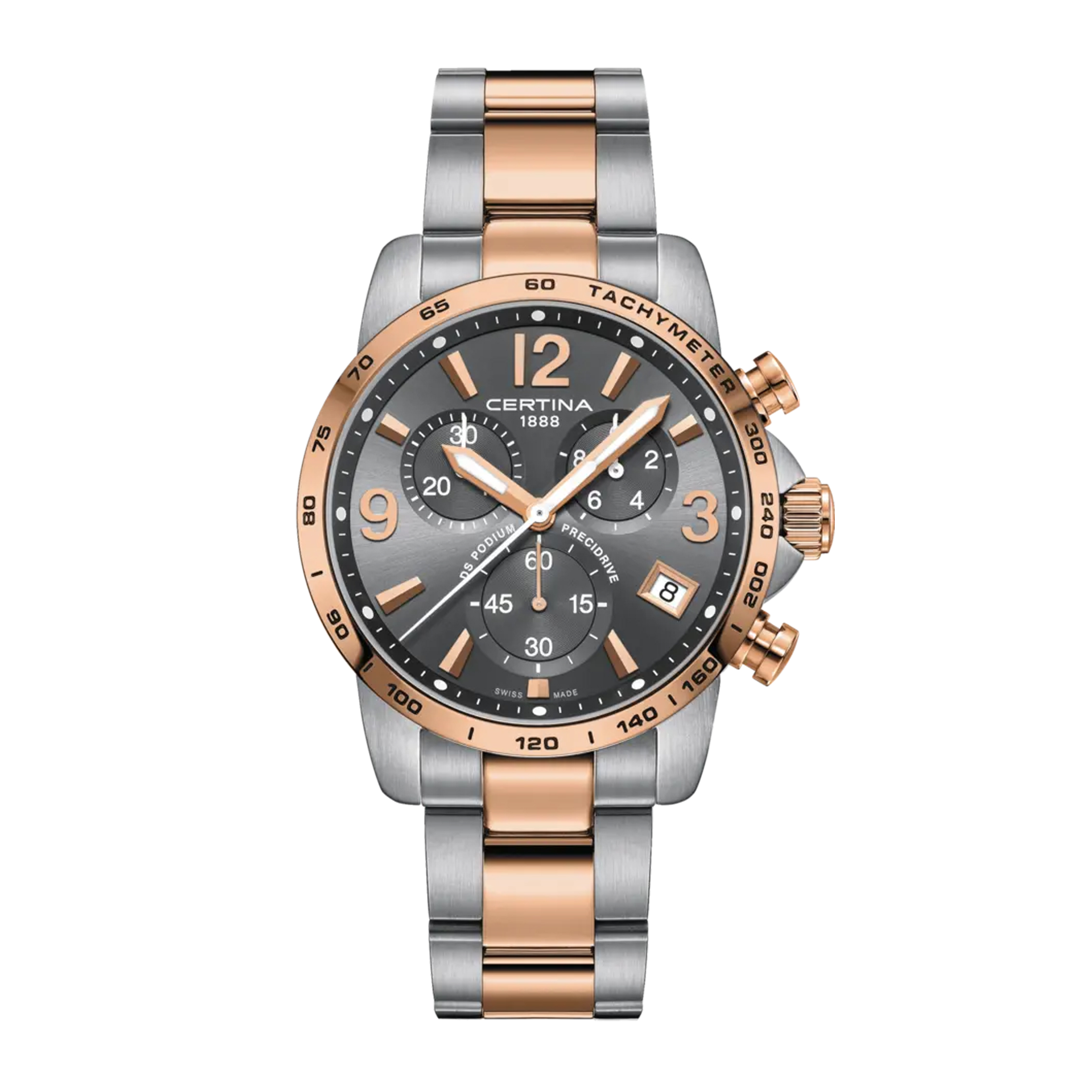 DS-Podium Precidrive staal/ros'e9 heren brac. chronograaf met saffierglas 100m WR