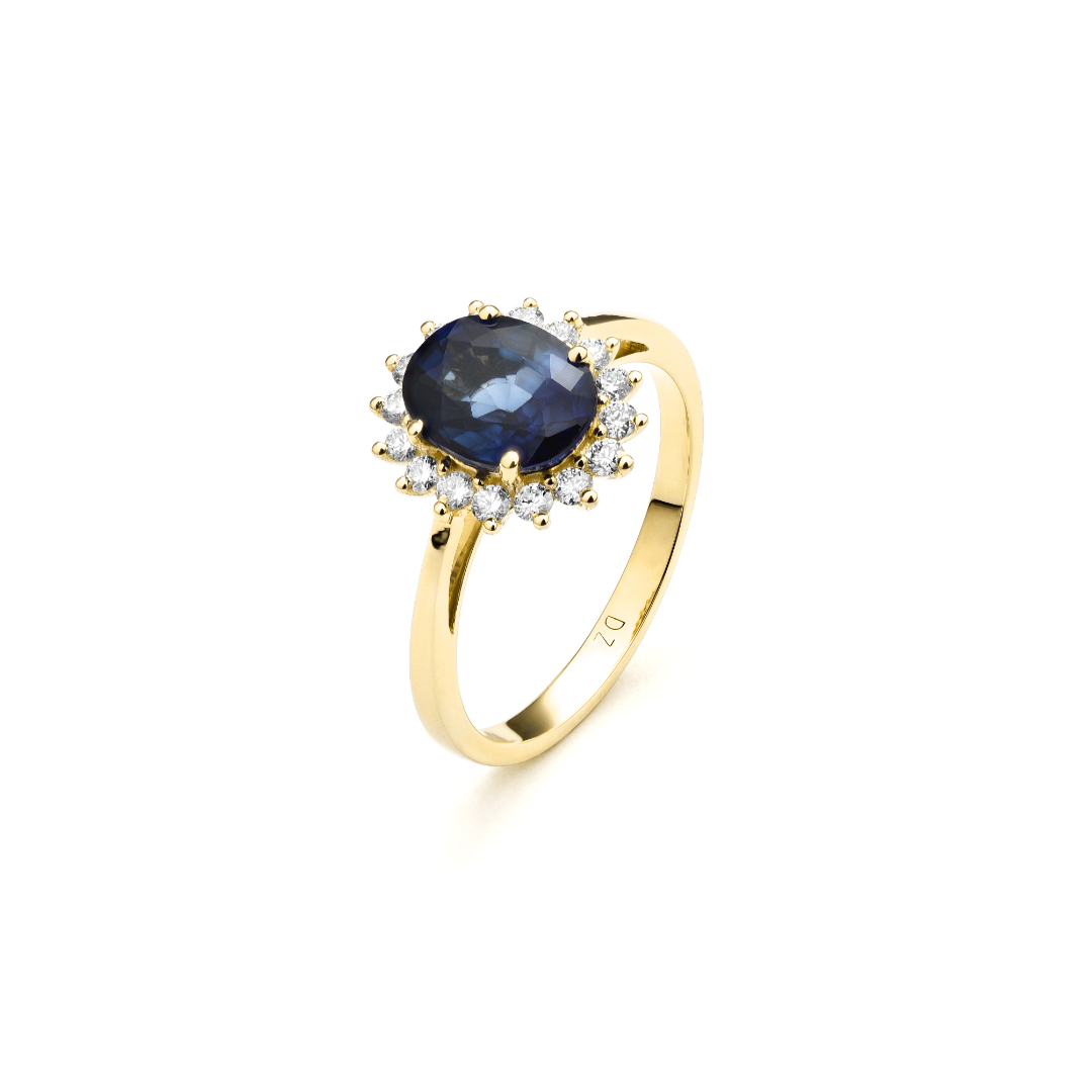 Geel gouden ring met Saffier en Briljant geslepen diamant.