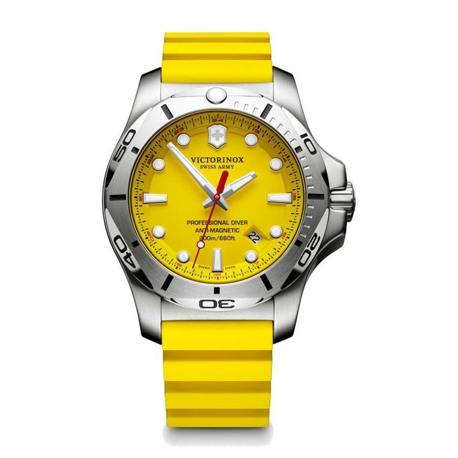 Victorinox Swiss Army I.N.O.X. Professional Diver 241735. Three hands and a date. A beveled bezel, seemingly sculpted by a knife. A monobloc dial with a clean design. A modern signature. This apparent simplicity conceals technical complexity while its perfectly balanced structure is robust with comfortable fit. Made to last, it defies deliberate obsolescence. Its perfection verges on an obsession, its performance, the stuff of records. I.N.O.X. is the watch of a lifetime. Suited to every moment. Simply timeless.

