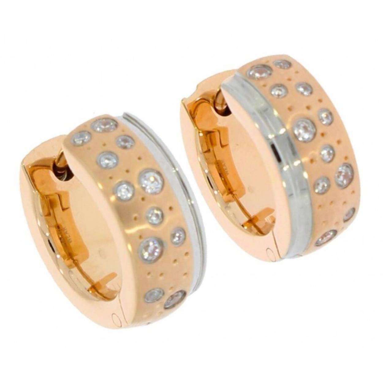 Staal bicolour klapcreolen met zirkonia's  15 x 6 mm
