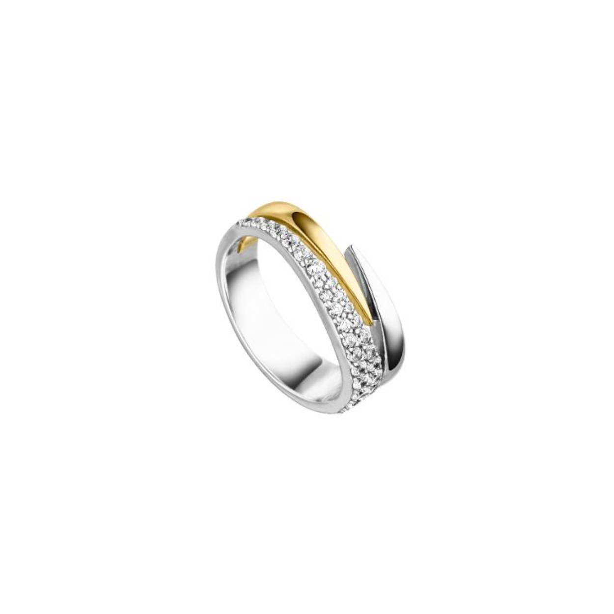 Prachtige zilveren gold plated ring bezet met zirkonia's. De maat van deze ring is 54/17.25mm