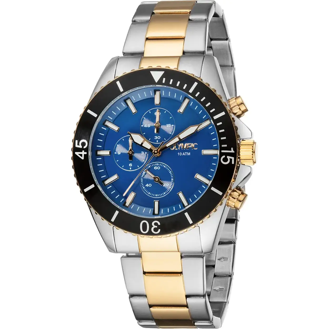 Olympic OL89HSS055B Paul Horloge Heren Staal 43mm 
Dit unieke Olympic horloge met artikelnummer: OL89HSS055B is een heren horloge met een stoere uitstraling. De stalen kast heeft een bewerkte bezel en een blauwe wijzerplaat met een chronograaf. De uursaanduiding is opvallend door de lumibrite strepen en wijzers. Dit geeft het horloge een stoer uiterlijk. Aan de stalen kast zit een stalen mat glimmende bi-color schakelband met een vouwsluiting. Het horloge heeft een mineraalglas, een doorsnee van 43mm en is 10ATM.

Waterdichtheid 10ATM
Dit horloge is bestand tegen water bij het zwemmen en douchen. Dit horloge is niet bestand tegen (grote) waterdruk dus je kunt er niet mee duiken.

Het merk:
Een mooi horloge hoeft niet duur te zijn! Het Nederlandse horlogemerk Olympic levert stoere chronografen, slimline series, digitale uurwerken en elegante dameshorloges. De prijs-kwaliteitverhouding staat bij Olympic hoog in het vaandel met prijzen die uiteenlopen van € 34,95 tot en met € 159,00.

100% Nederlands ontwerp, waterdicht en standaard 3 jaar fabrieksgarantie.

Specificaties:
- Ronde kast Ø 43mm
- Stalen horlogekast
- Blauwe wijzerplaat
- Stalen bi-color schakelband
- 10ATM 
- Standaard 3 jaar fabrieksgarantie
- Mineraalglas