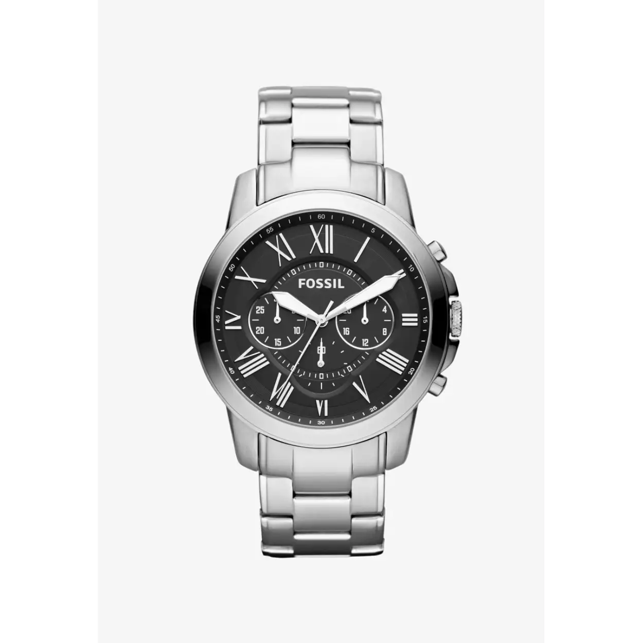 FS6107. Fossil chronograaf. Grijs stalen band en kast. Grijze wijzerplaat met blauwe accenten. 