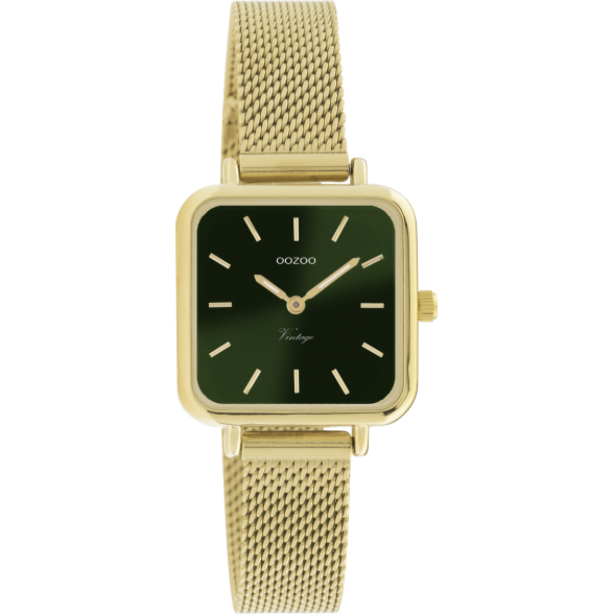 Verfijning en elegantie zijn de twee sleutelelementen van deze prachtige OOZOO Vintage series. Dit klassieke vierkante model past bij iedereen. Dit dames horloge is de perfecte combinatie van comfort en fashion met zijn 26mm x 26 mm gouden metalen horlogekast en groene wijzerplaat . De gouden glanzend metalen mesh armband maakt dit horloge tot een all-time classic welke je bij iedere gelegenheid kunt dragen. De wijzerplaat heeft gouden strepen tijdsaanduidingen en gouden kleurige wijzers. Dit model is een must-have voor jouw dagelijkse garderobe. Het mineraalglas ligt in een 6,9 mm dunne metalen horlogekast met IP-plating. De C10973 heeft een stainless steel achterplaat en is nikkel-safe. Dit horloge heeft een 2ATM Japanese uurwerk en wordt gedekt door een garantie van 2 jaar