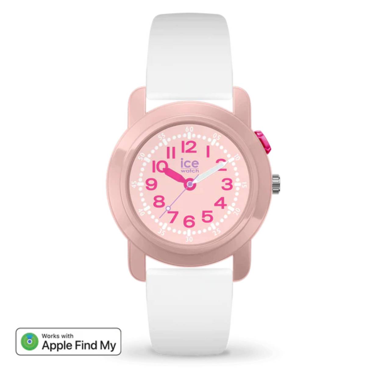 Ontdek de ICE find White pink, zacht en sprankelend. Het eerste kwartshorloge dat leren en veiligheid combineert. Het combineert een poederroze kast met een zacht, helder wit bandje: een horloge dat even schattig als slim is. Dankzij de geïntegreerde Find My-technologie van Apple is het gemakkelijker dan ooit om je horloge terug te vinden als je het verliest of vergeet. Een ideale metgezel voor energieke kinderen... en geruststellende ouders en grootouders!