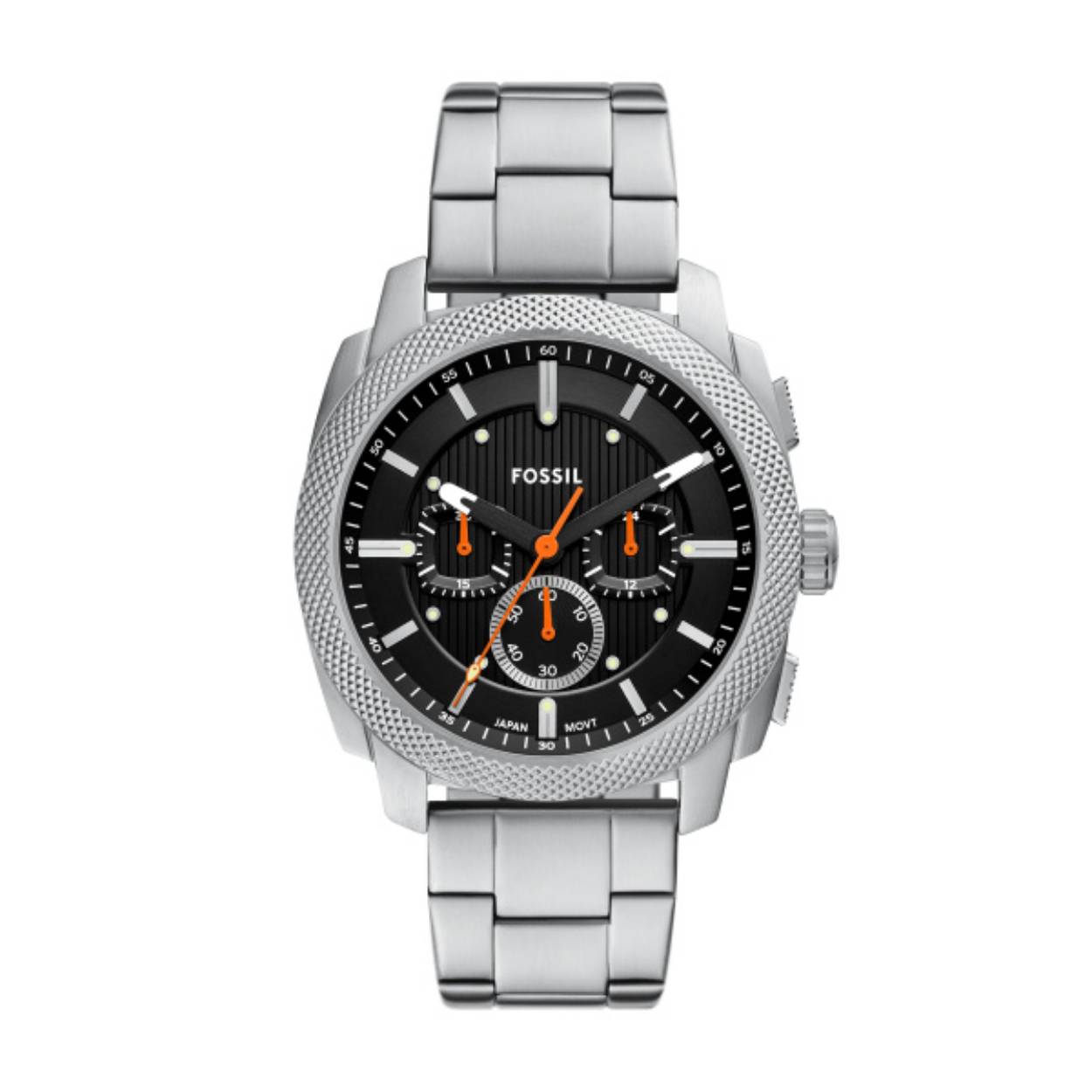 De Machine Chronograaf is geinspireerd door klassieke Amerikaanse machines en trekt de aandacht met een gewaagde gekartelde bovenring. Onmiskenbaar mannelijk met een opvallende kast van 44 mm en een geborstelde zwarte wijzerplaat met getextureerde details, beschermd door een mineraal kristal. Dit robuuste uurwerk wordt aangedreven door een nauwkeurig quartz chronograaf uurwerk en is gebouwd om lang mee te gaan met een duurzame roestvrijstalen armband. Een echt statement in een industrieel geinspireerd ontwerp.