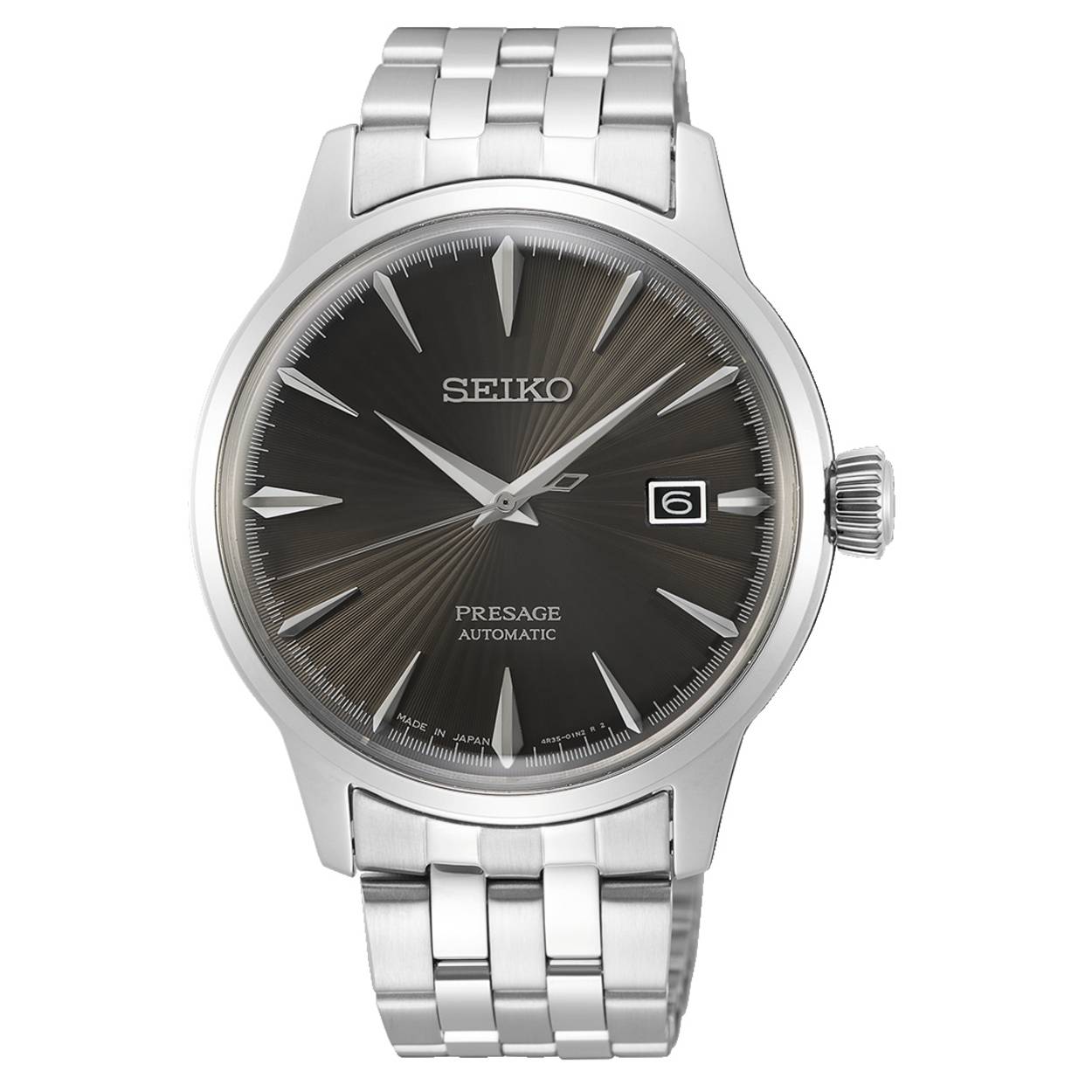Seiko Presage Automaat horloge, stalen band en kast, zwarte wijzerplaat.
