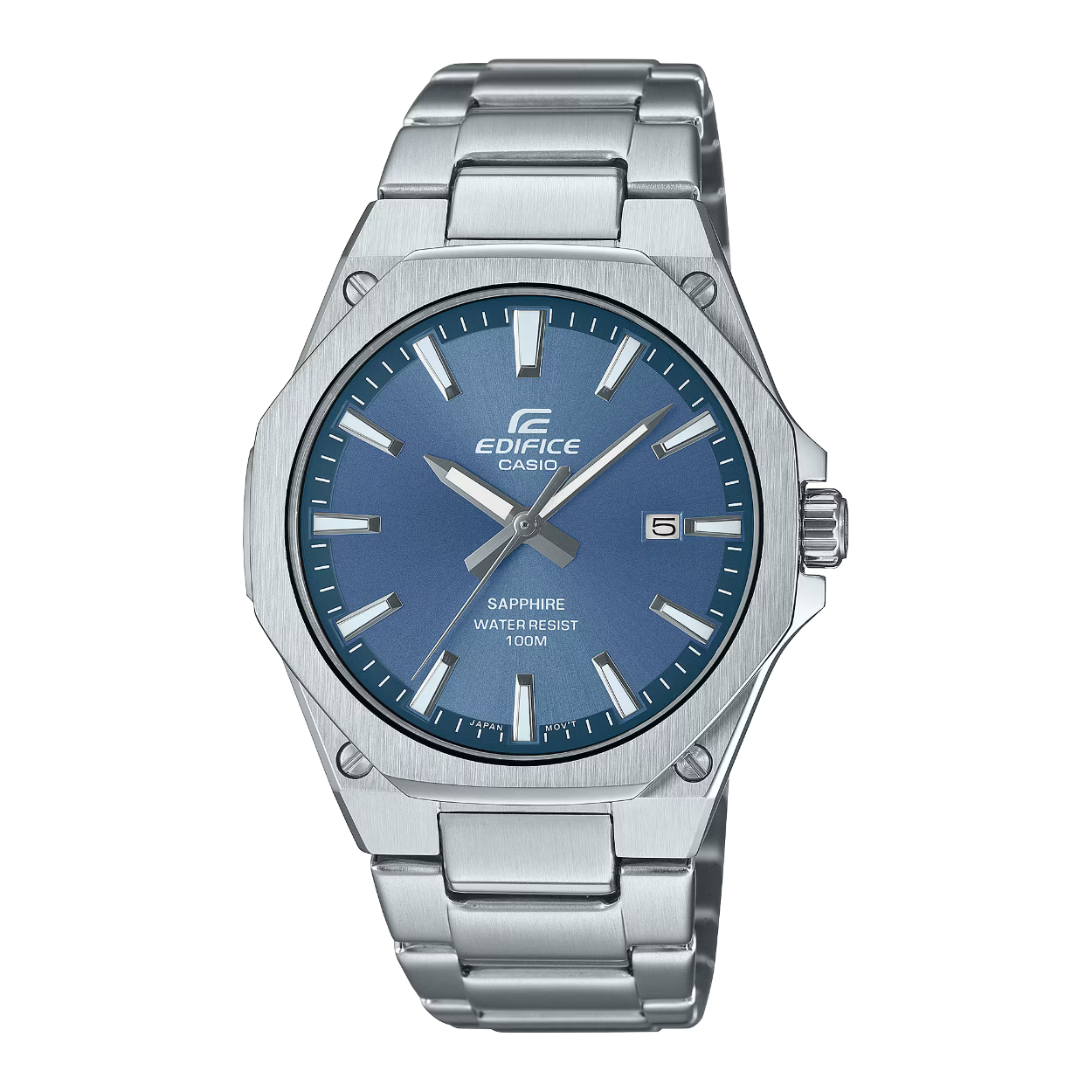 EDIFICE SLIM-serie met saffierkristal | Dit analoge model met drie wijzers heeft een dunne behuizing van 7,8 mm dik voor een betere pasvorm. Het horloge heeft een vlakke, achthoekige rand met een haarfijne afwerking voor een sportief én luxueus ontwerp. Een wijzerplaat met een nauwkeurige afwerking zorgt ook voor een luxueus gevoel. Met krasbestendig saffierkristal.