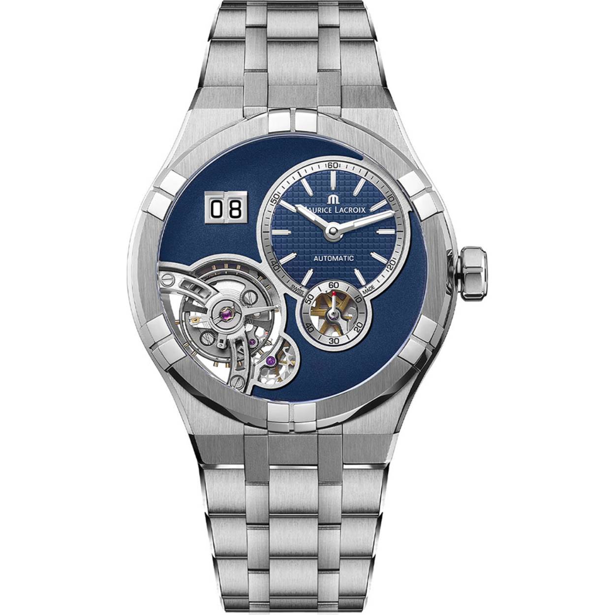 De Maurice Lacroix AIKON MASTER GRAND DATE 
heeft bijzondere kenmerken zoals een grote datumcomplicatie, een stijlvolle horlogeband die eenvoudig te verwisselen is en een prachtig automatisch manufactuur uurwerk.

  - Het horloge wordt geleverd met een blauwe lederen wisselband.  
De banden kunt u zelf thuis eenvoudig verwisselen.