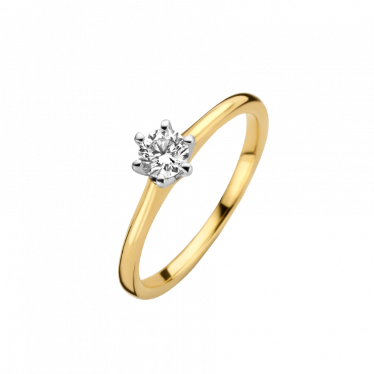 Gouden damesring "Reale" met 0.12 ct briljant, verkrijgbaar in diverse maten en ook in witgoud leverbaar.

Een tijdloos, elegant en stijlvol model, met een mooie lage zetting waarbij de briljant geslepen diamant door 6 zetpootjes wordt omringd.