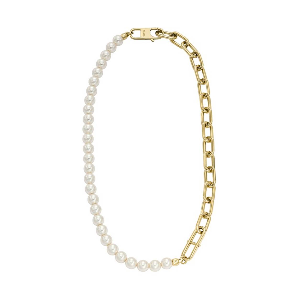 De Fossil JF04727710 - Goudkleur Parel - Ketting is gemaakt van staal en voorzien van een goudkleurige coating. De ketting heeft grove schakels gecombineerd met parels en een karabijnsluiting. 