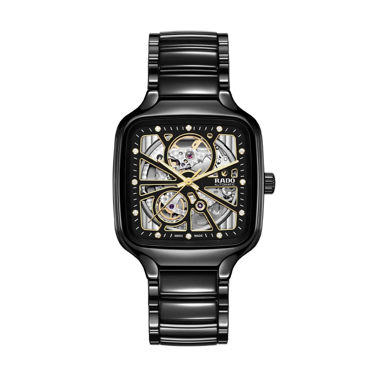 Ervaar de perfecte combinatie van vakmanschap en precisie met het Rado True Square Automatic Open Heart horloge. Dit opmerkelijke horloge heeft een betoverend open hartvormig ontwerp, waardoor u de complexe uurwerken van het automatische Rado kaliber R734 met een gangreserve van 80 uur kunt bewonderen. Met een kastdiameter van 38 mm stralen de gepolijste zwarte hightech keramische kast en kroon een strakke en eigentijdse uitstraling uit. Het vlakke saffierglas, met antireflectiecoating aan beide zijden, biedt uitzonderlijke helderheid. De zwarte wijzerplaat wordt geaccentueerd door geelgoudkleurige facetten. Twaalf diamanten voegen een vleugje luxe en verfijning toe. De geelgoudkleurige wijzers, versterkt met wit fineer en witte Super-LumiNova®, zorgen voor uitstekende afleesbaarheid en voegen een subtiele toets elegantie toe. De gepolijste zwarte hightech keramische band maakt het geheel compleet en biedt zowel comfort als duurzaamheid.