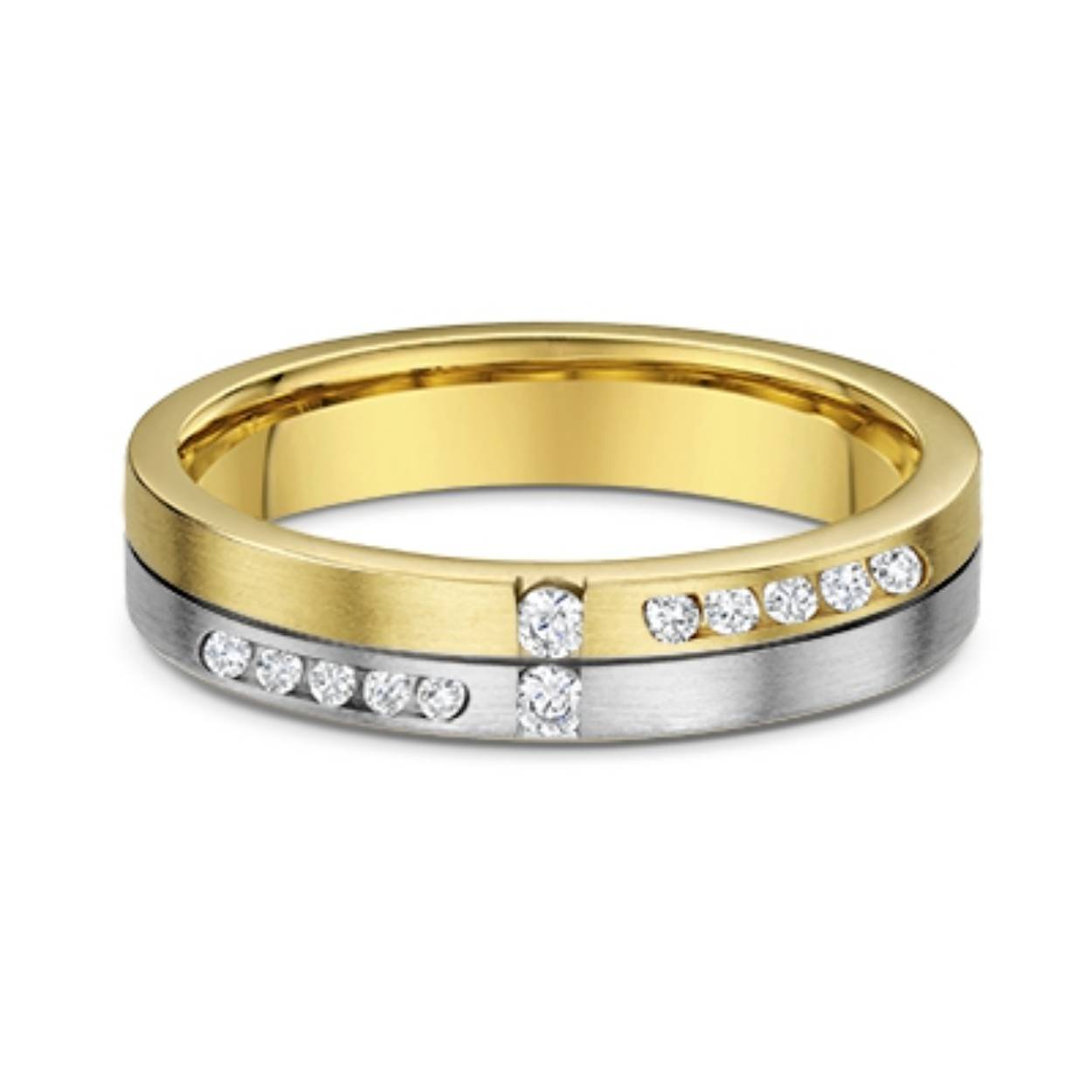 14k bicolor gouden trouwringen. De dames ring is bezet met briljant geslepen diamanten van totaal 0.33ct. Beide ringen zijn 5mm breed.