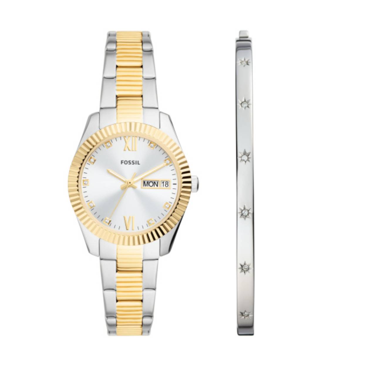 Scarlette tweekleurige roestvrijstalen horloge- en armbandset met drie wijzers en dag-datum.