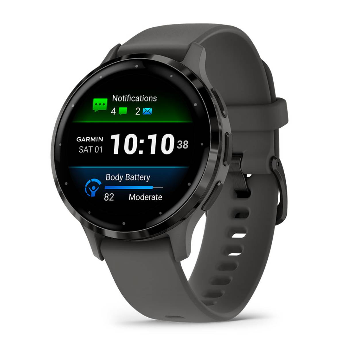 Slate gray rand van roestvrij staal met pebble gray behuizing en siliconen band