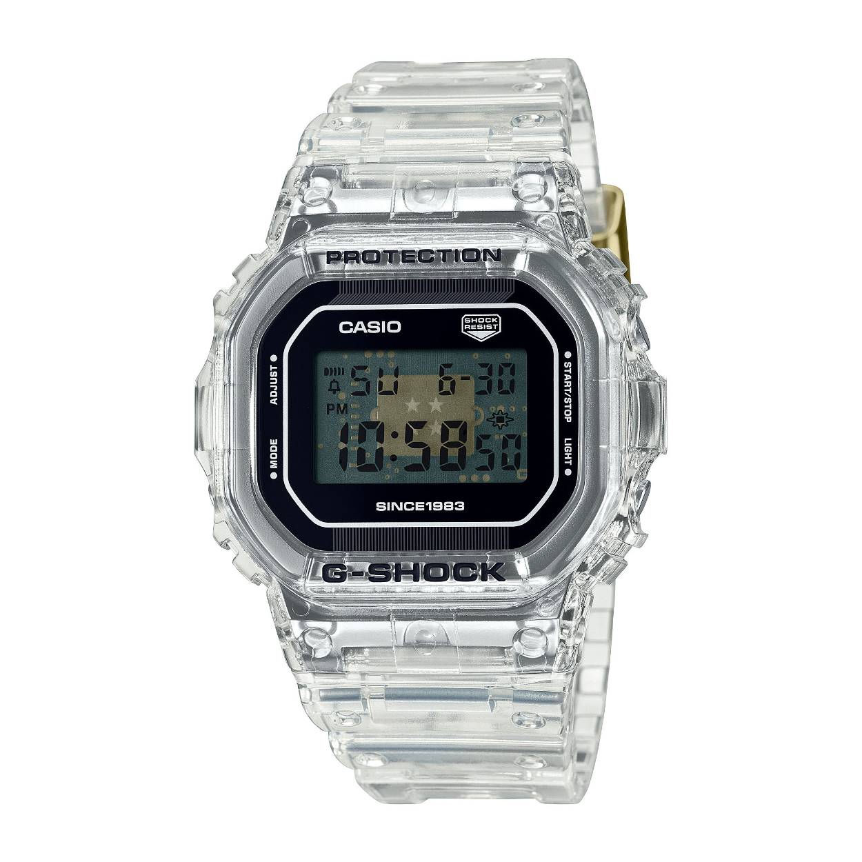 
Casio g-shock horloge special edition transparant DW-5040RX-7ER
20bar
stopwatch
timer
alarm
led light