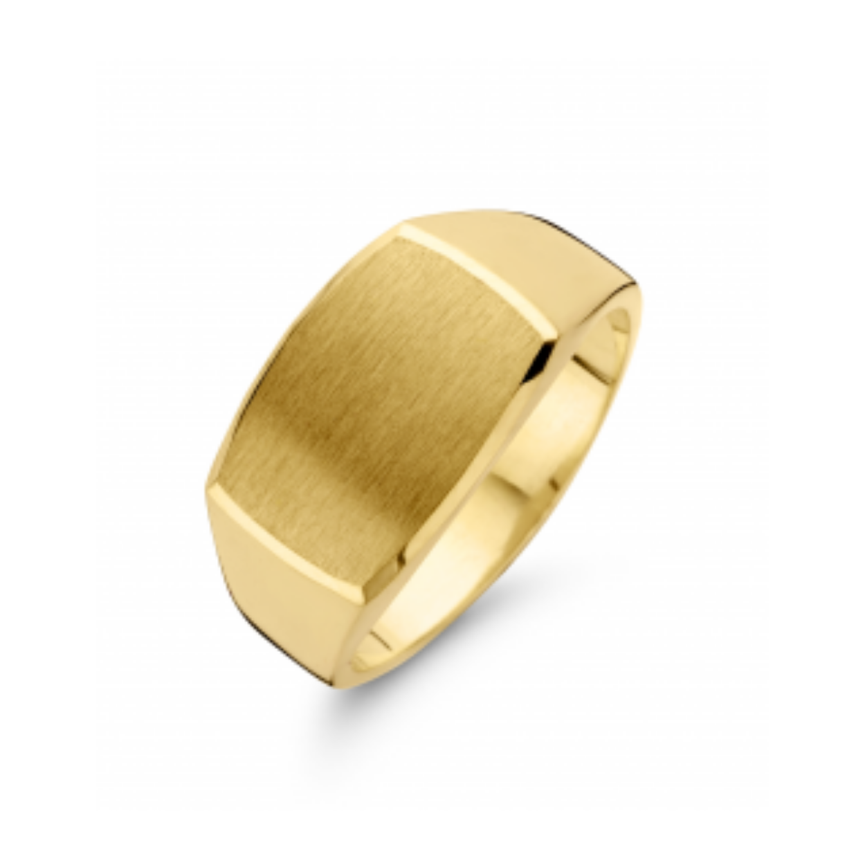 14-karaats geelgouden ring met zilveren kern.
De bovenzijde van de ring is gematteerd en kan gepersonaliseerd worden. Afmeting: 14.5 x 11 mm.