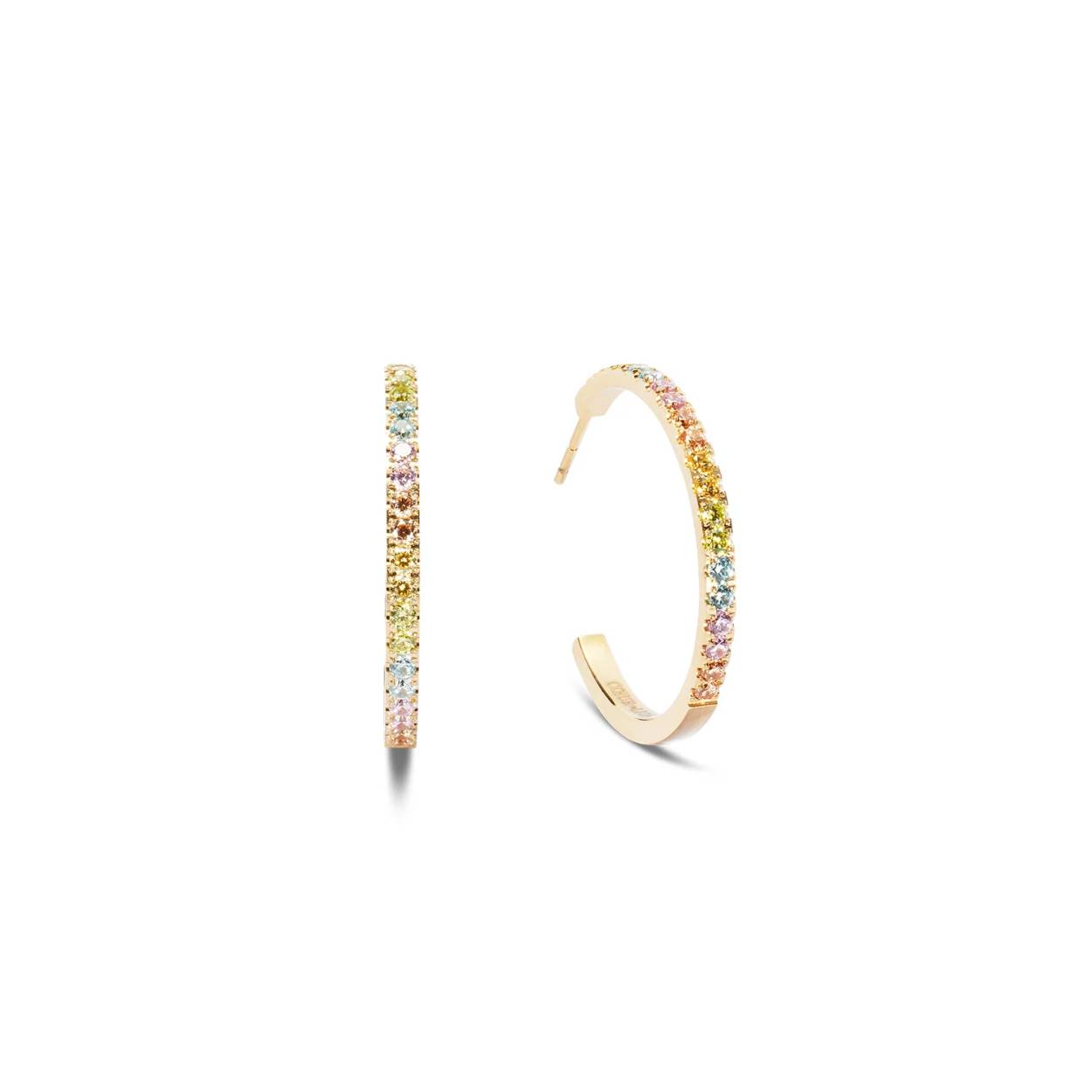 A real statement for your ear stacking, these Eternal Love large hoop earrings combine simple elegance with modern glamour. Made of high-quality gold stainless steel and set with pastel sparkling cubic zirconia these earrings are a must-have for anyone who wants to add a touch of sophisticated sparkle to their look!

Specifications
Material: Stainless Steel Gold
Stone: Cubic Zirconia
Diameter: 3cm
Product Code: 0147/23-1590