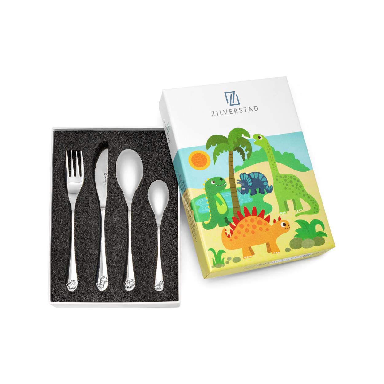 Kinderbestek van hoogwaardig 18/10 RVS met afbeeldingen van dinosaurussen. De set is vaatwasmachinebestendig en bestaat uit een vork, mes, lepel en paplepeltje. De eerste hapjes waren nog nooit zo leuk!