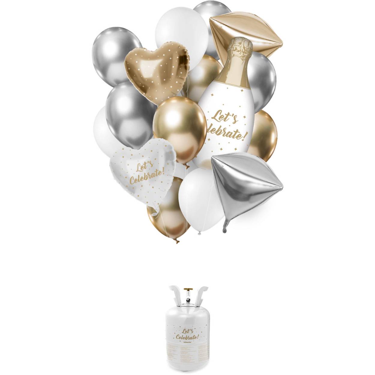 Helium Cilinder Balloongaz 30 'Celebrate' met Ballonnen en Lint. Inhoud: 1 helium cilinder (0,21 m3), 12 latexballonnen (23cm), 5 folieballonnen (2x 45cm, 2x 38x43cm en 1x 31x72cm) en 1 rol lint (ca. 40 m). Kleur: Meerkleurig. Bijvoorbeeld te gebruiken tijdens de volgende feestgelegenheid/feestgelegenheden: Bruiloft, Verjaardag en Jubileum. Met de cilinder kun je tot 30 ballonnen van 9 inch/23 cm opblazen. Het artikel is gemaakt van metaal dat steeds weer gerecycled kan worden.
