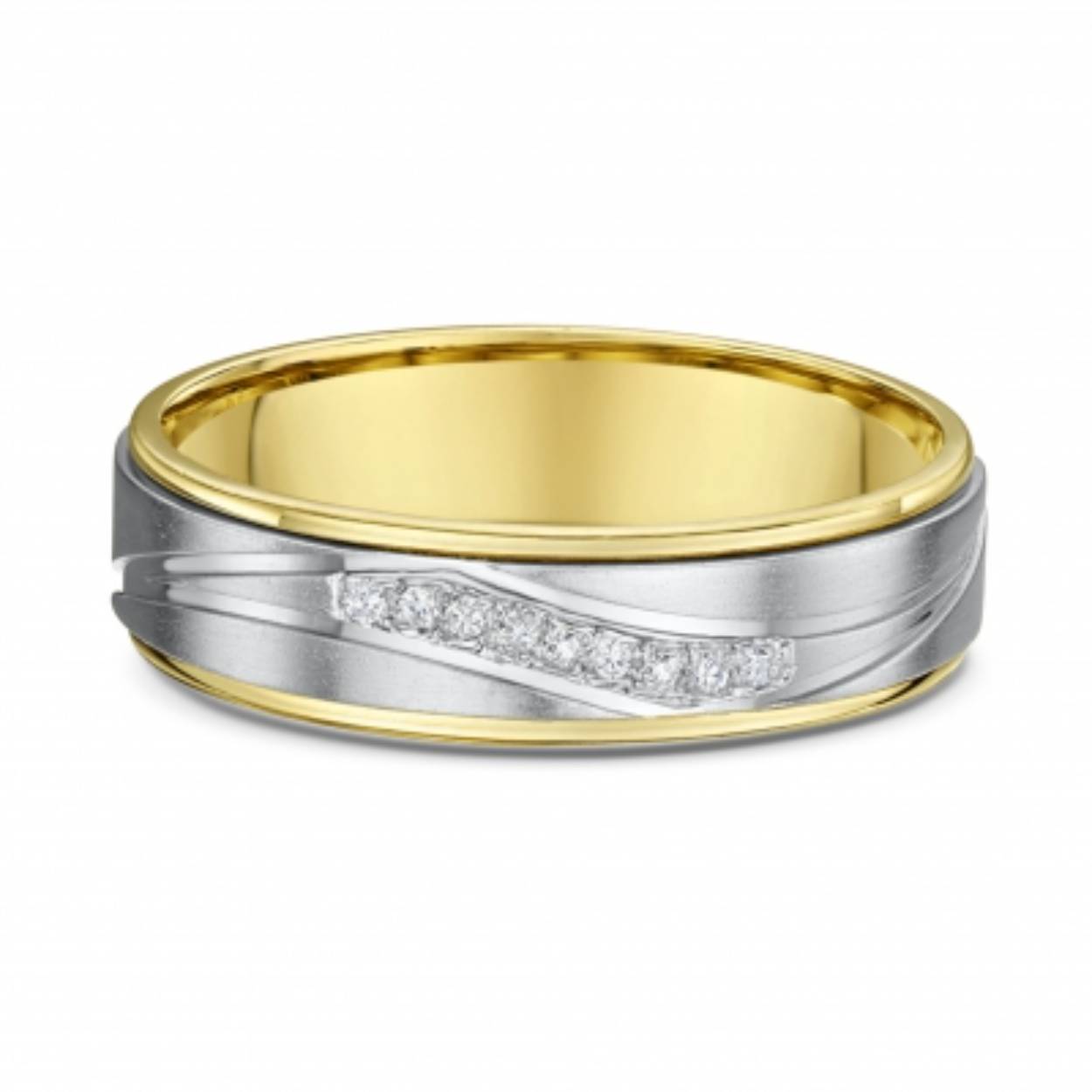 14 karaat bicolor trouwring, Wit/geel. De damesring is gezet met in totaal 0.045crt diamant.
Prijs is op aanvraag