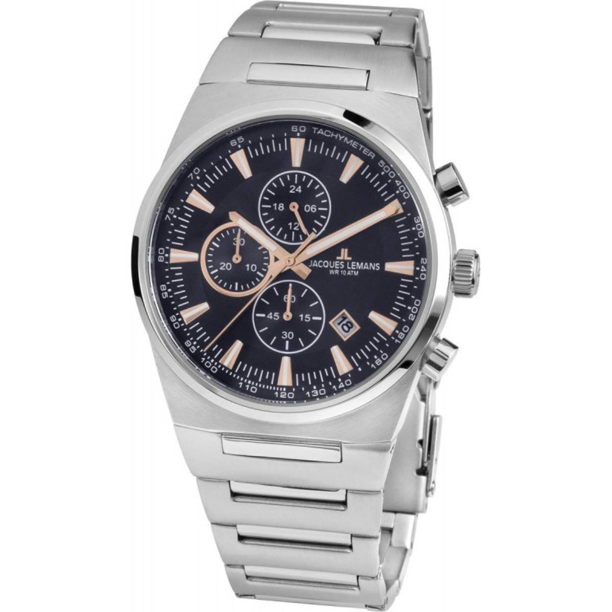 Dit herenhorloge  is van het merk JACQUES LEMANS. Het is een horloge met een band gemaakt van RVS. De diameter van de kast is 43 mm.