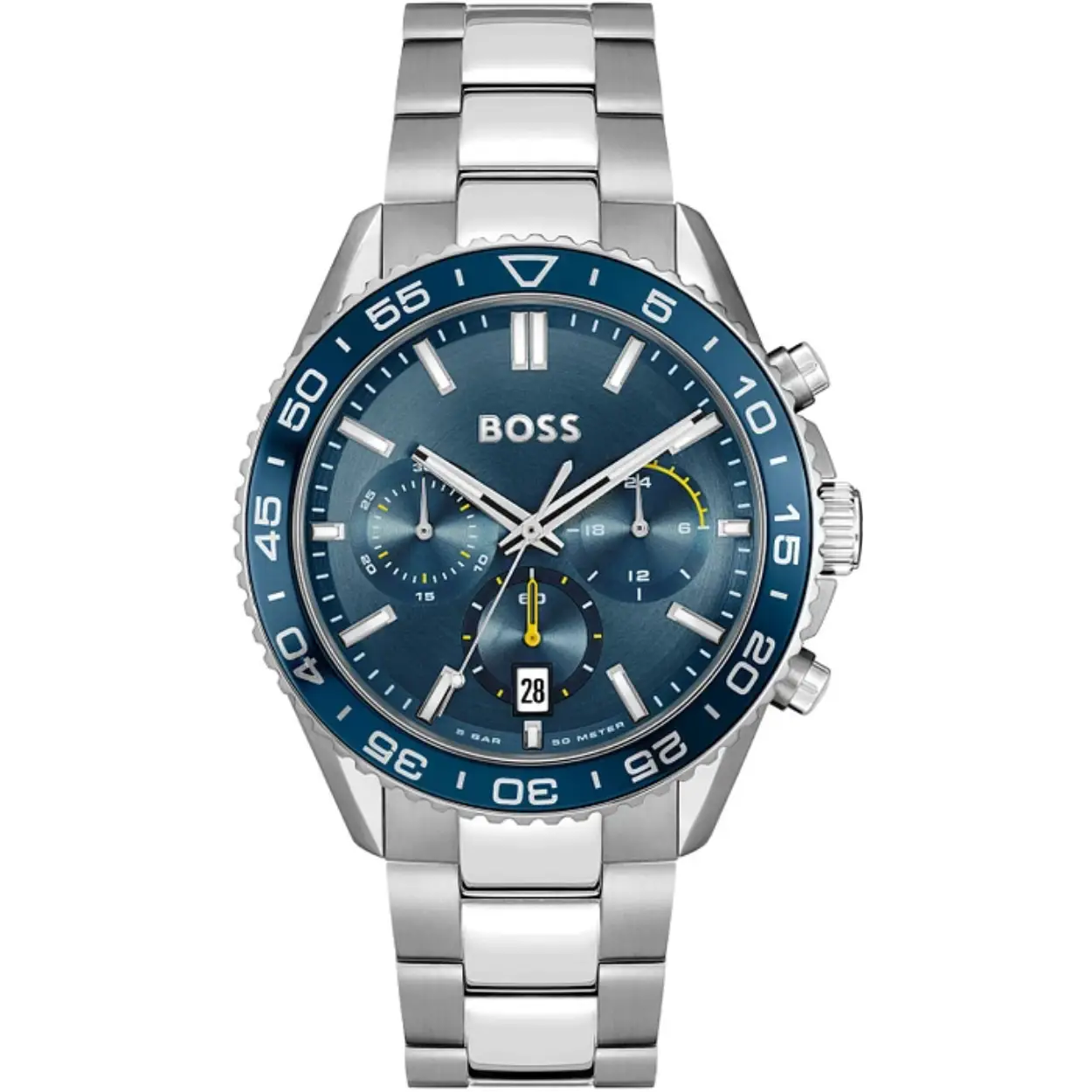 BOSS HB1514143 RUNNER Herenhorloge 43mm 
Dit BOSS horloge uit de RUNNER serie met artikelnr: HB1514143 heeft een stoere sportieve uitstraling. Zeer geschikt voor de moderne stijlvolle man van nu. Het stalen herenhorloge valt op door zijn stalen horlogekast met een blauwe bezel en een blauwe wijzerplaat met een chronograaf en datum. Opvallend zijn de wijzers die met lumibrite de tijd aangeven. Aan de kast zit een stalen schakelband met vouwsluiting. De kast van het horloge heeft een doorsnee van 43mm met mineraalglas en is 5ATM. 

HET MERK:
HUGO BOSS is afgestemd op levensstijlen waar het gaat om kwaliteit en precisie. Het wereldwijde fashionlabel is verdeeld in twee merken: BOSS en HUGO. Het merk BOSS biedt geavanceerde, moderne horloges gericht op kwaliteit en design om een onberispelijke look te creëren – of het nu zakelijk, casual of sportief is. De horloge collectie van BOSS is perfect afgestemd op levensstijlen waar het gaat om kwaliteit en precisie. BOSS is op maat gemaakt in een onberispelijke stijl.

Blijf stijlvol bij de tijd. Voor de BOSS-vrouw is stijl het handelsmerk en draait alles om
details. Breng uw look naar een hoger niveau met onze nieuwe en kenmerkende horlogecollectie.

SPECIFICATIES:
- Mineraalglas
- Ronde kastvorm, Ø 43mm
- Stalen horlogekast
- Blauwe wijzerplaat
- Stalen schakelband