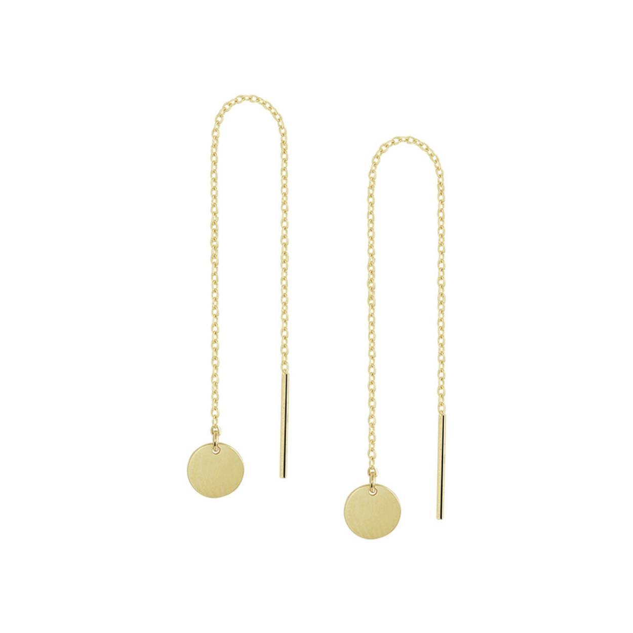 Geelgouden doortrekoorbellen van 6.9cm met poli rondje van 5.5mm.