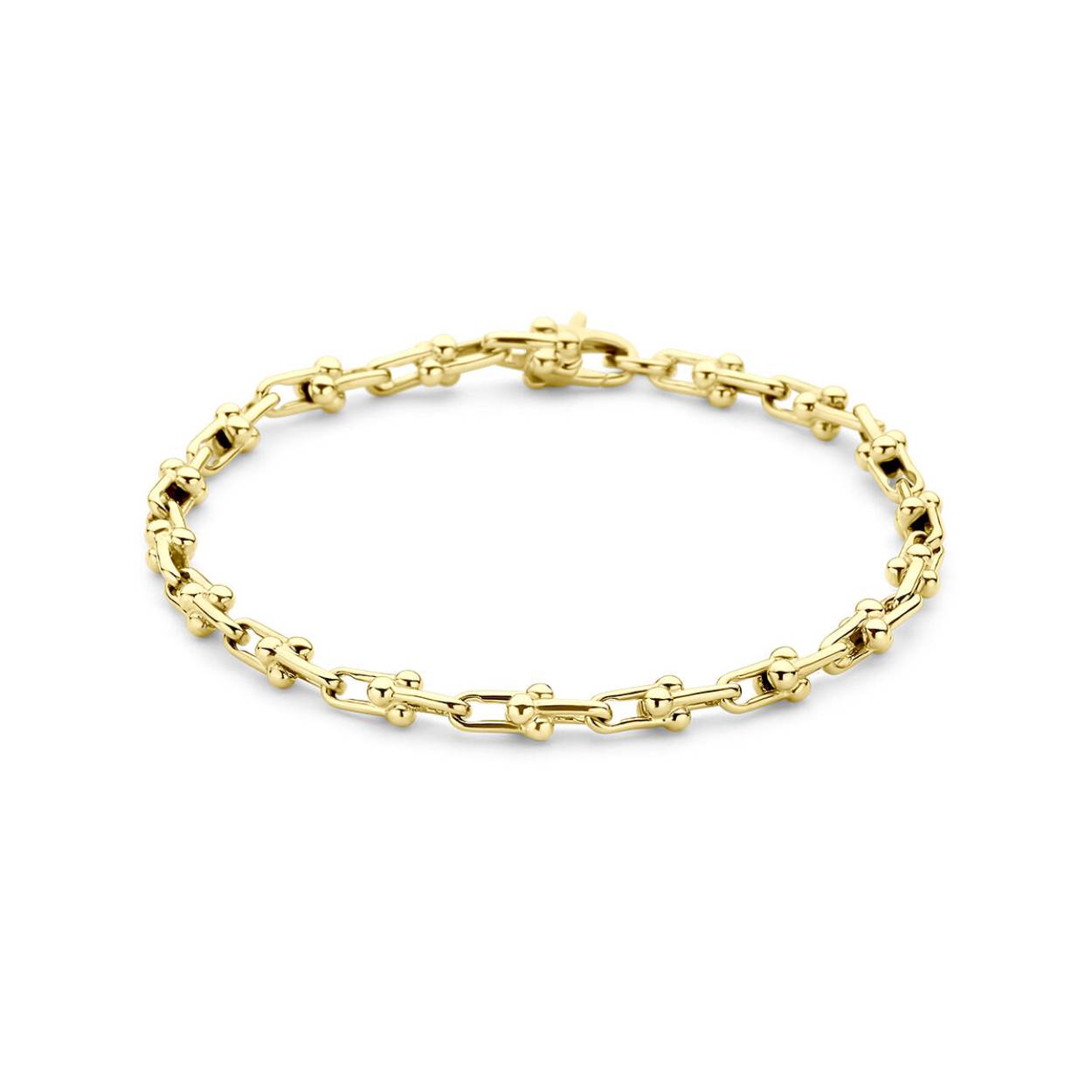 14k Geelgouden armband fantasie met een draaglengte van 19cm en een karabijn sluiting. De schakelbreedte is 4.3mm.