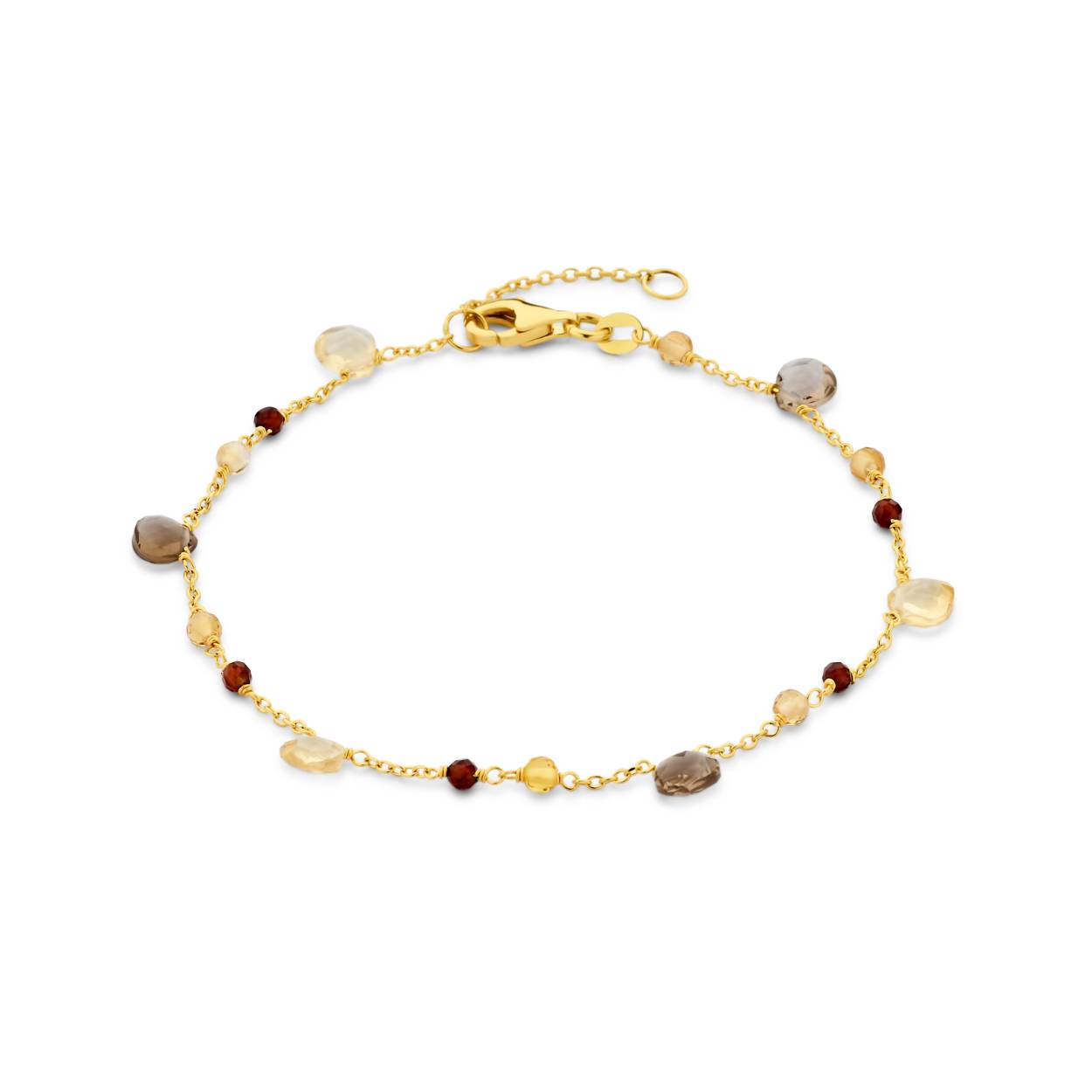 Deze elegante armband is vervaardigd uit verfijnd goudkleurig metaal en subtiel versierd met een mix van gladde en facetten edelsteentjes in warme tinten. Het delicate ontwerp met een verstelbare sluiting maakt het geschikt voor elke polsmaat en dagelijkse draagbaarheid. Perfect als verfijnde toevoeging aan je outfit of als stijlvol cadeau.