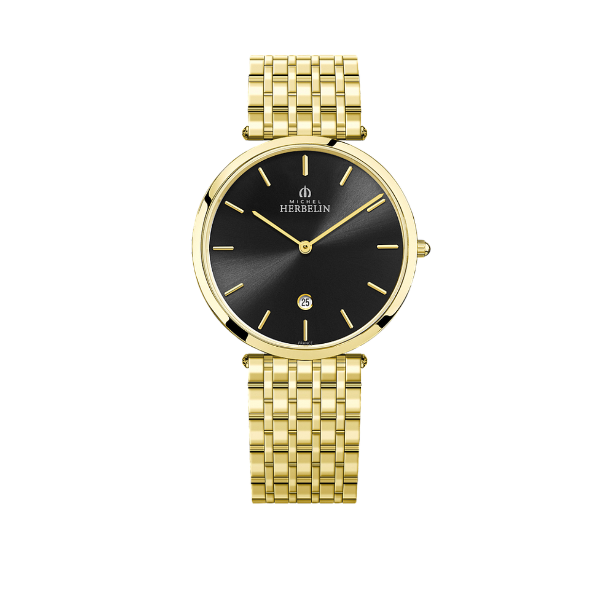 Michel Herbelin herenuurwerk uit de 'Epsilon' collectie
Goudkleurige stalen band en kast
Ultradunne zwarte wijzerplaat (4mm) met datumaanduiding en goudkleurige uuraanduiding.
Saffierglas
Waterdichtheid: 3 ATM