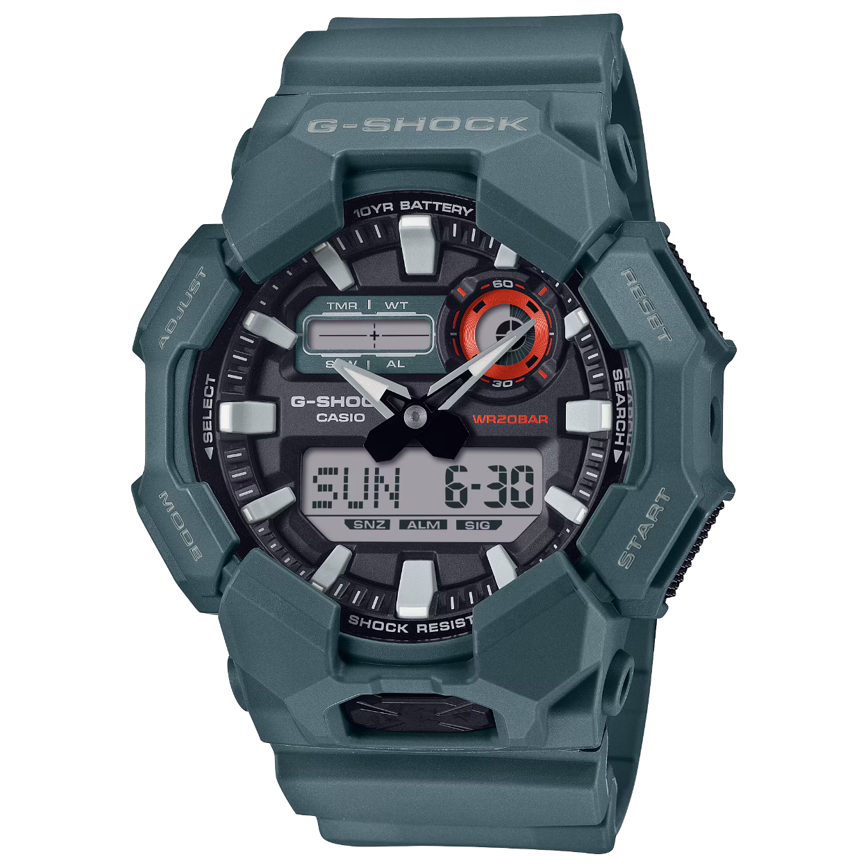 Geniet van een leven met minder batterijwisselingen met een G-SHOCK met grote kast en een batterij die 10 jaar meegaat. Daar hoef je je in elk geval voorlopig geen zorgen over te maken.

De analoog-digitale GA-010 biedt handige functies zoals de wereldtijd en een stopwatch, evenals een zeer helder ledlicht, dat gemakkelijk toegankelijk is met de grote knop aan de voorkant van de kast, zodat je zelfs in het donker goed kunt zien.

Deze G-SHOCK is gemaakt van hars van biologische oorsprong en is uitgerust met een batterij die 10 jaar meegaat. Dit is een geweldige G-SHOCK als je de impact op het milieu wilt beperken.

Beschikbaar in een selectie op zwart gebaseerde kleurenschema's voor een cool ontwerp dat gemakkelijk past in zowel informele settings als werksituaties.