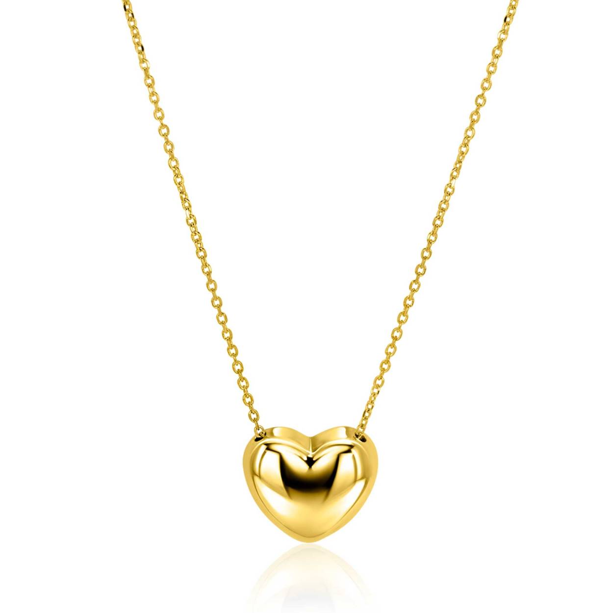ZINZI gold plated zilveren ketting met luxe groot hart (15mm). Het hart is bol aan de bovenkant en plat aan de achterkant, waardoor het mooi ligt op de hals. De lengte van de ketting is te variëren tussen 40cm en 45cm. De ketting is vervaardigd van eerste gehalte zilver (925) en extra geel verguld.