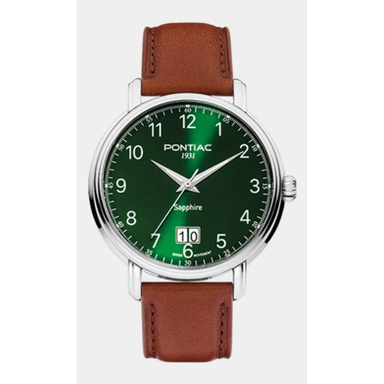 Pontiac herenuurwerk bruin leder, groene wijzerplaat, saffier glas, waterdichtheid 10ATM