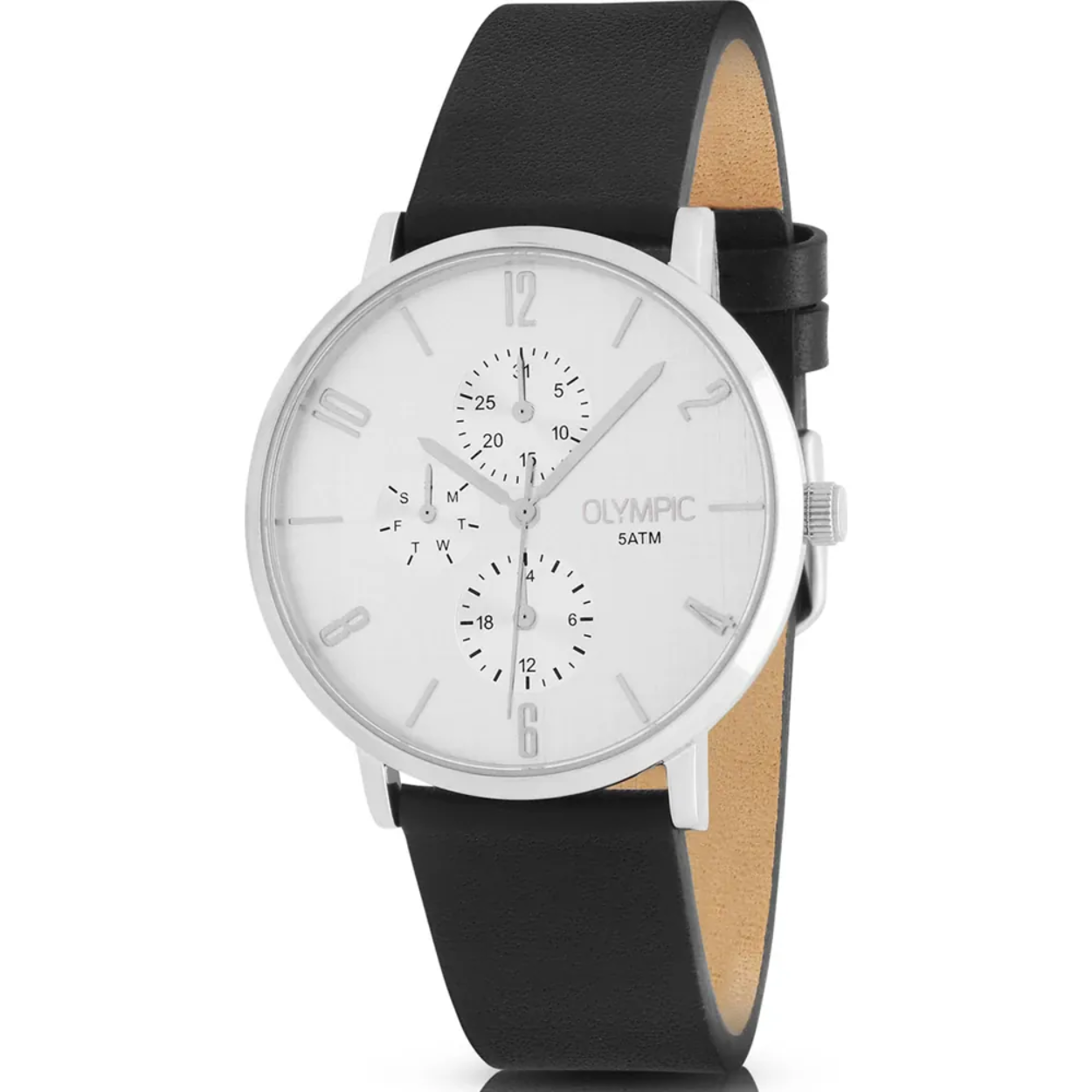 Olympic OL89HSL057 Tobias Horloge Heren Leer 40mm 
Dit unieke Olympic horloge met artikelnummer: OL89HSL057 is een heren horloge met een nette uitstraling. De stalen kast heeft een gladde bezel en een zilverkleurige wijzerplaat met een dag,- datum,- en 24-uursaanduiding. De uursaanduiding is verfijnd met zilverkleurige strepen en enkele cijfers. Dit geeft het horloge een chique uiterlijk. Aan de stalen kast zit een zwarte leren band met een gespsluiting. Het horloge heeft een mineraalglas, een doorsnee van 40mm en is 5ATM.

Waterdichtheid 5ATM
Dit horloge is bestand tegen water bij het zwemmen en douchen. Dit horloge is niet bestand tegen (grote) waterdruk dus je kunt er niet mee duiken.

Het merk:
Een mooi horloge hoeft niet duur te zijn! Het Nederlandse horlogemerk Olympic levert stoere chronografen, slimline series, digitale uurwerken en elegante dameshorloges. De prijs-kwaliteitverhouding staat bij Olympic hoog in het vaandel met prijzen die uiteenlopen van € 34,95 tot en met € 159,00.

100% Nederlands ontwerp, waterdicht en standaard 3 jaar fabrieksgarantie.

Specificaties:
- Ronde kast Ø 40mm
- Stalen horlogekast
- Zilverkleurige wijzerplaat
- Zwarte leren band
- 5ATM 
- Standaard 3 jaar fabrieksgarantie
- Mineraalglas