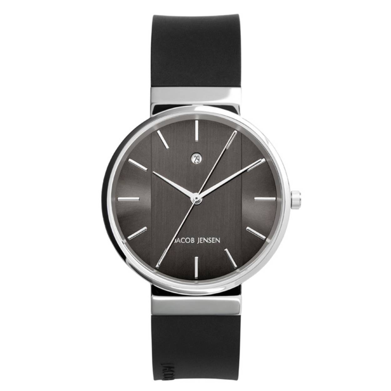 Pronk vanaf nu met dit Jacob Jensen 738 om je pols. Het materiaal van de kast van dit Jacob Jensen dames en herenhorloge is edelstaal en wordt gecombineerd met de horlogeband van zwart siliconen. Dit model heeft een kwalitatief quartz uurwerk, waarop de tijd analoog wordt weergegeven. De Jacob Jensen New Line 738 heeft een wijzerplaat in de kleur zwart. De horlogekast heeft een diameter van 35 mm., wat perfect past bij dit horloge.