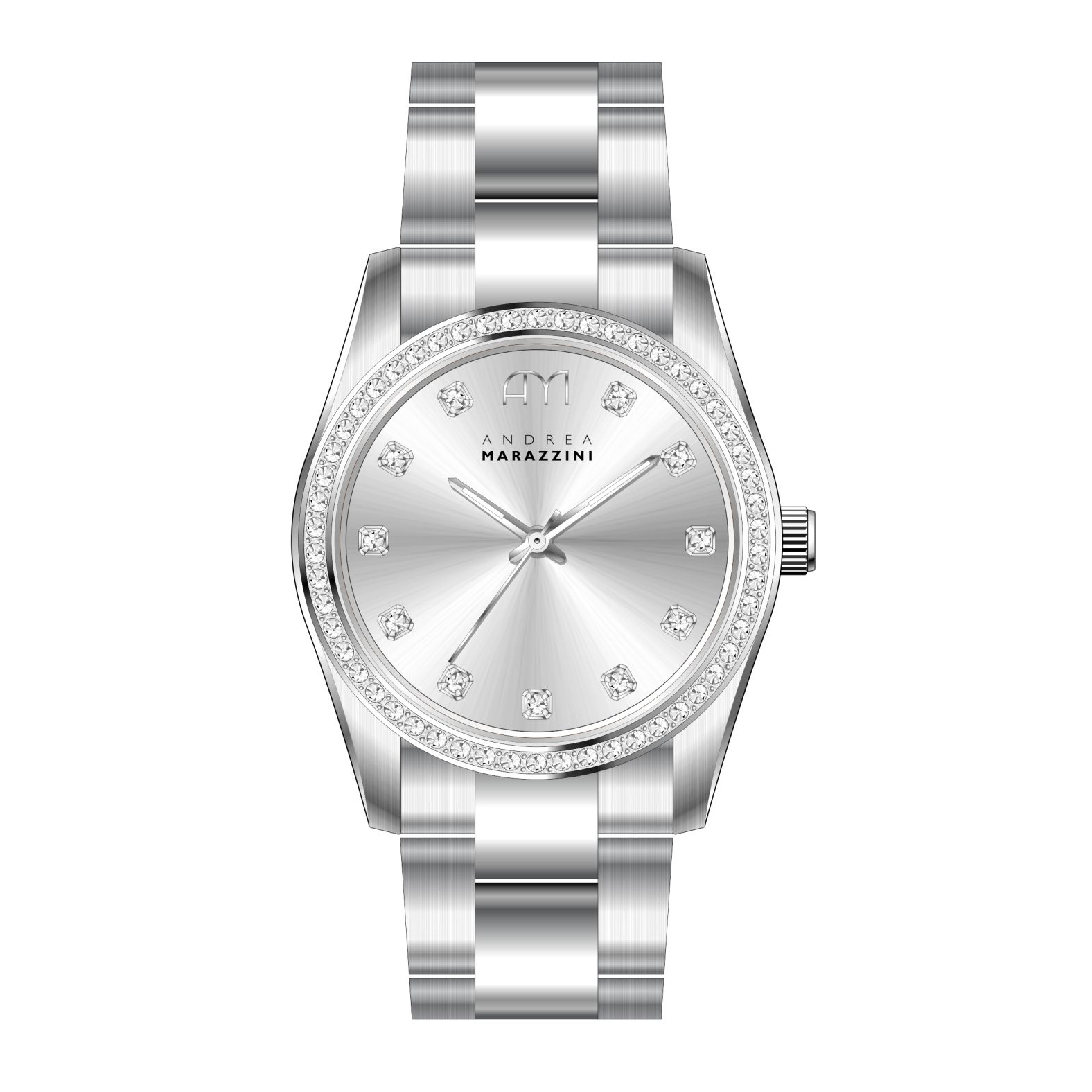 Silver Sunray Dial - Andrea Marazzini Watch van de Classe Collection.

Glanzende Stainless Steel band met witte stenen in het uurwerk.

5 ATM water resistant.