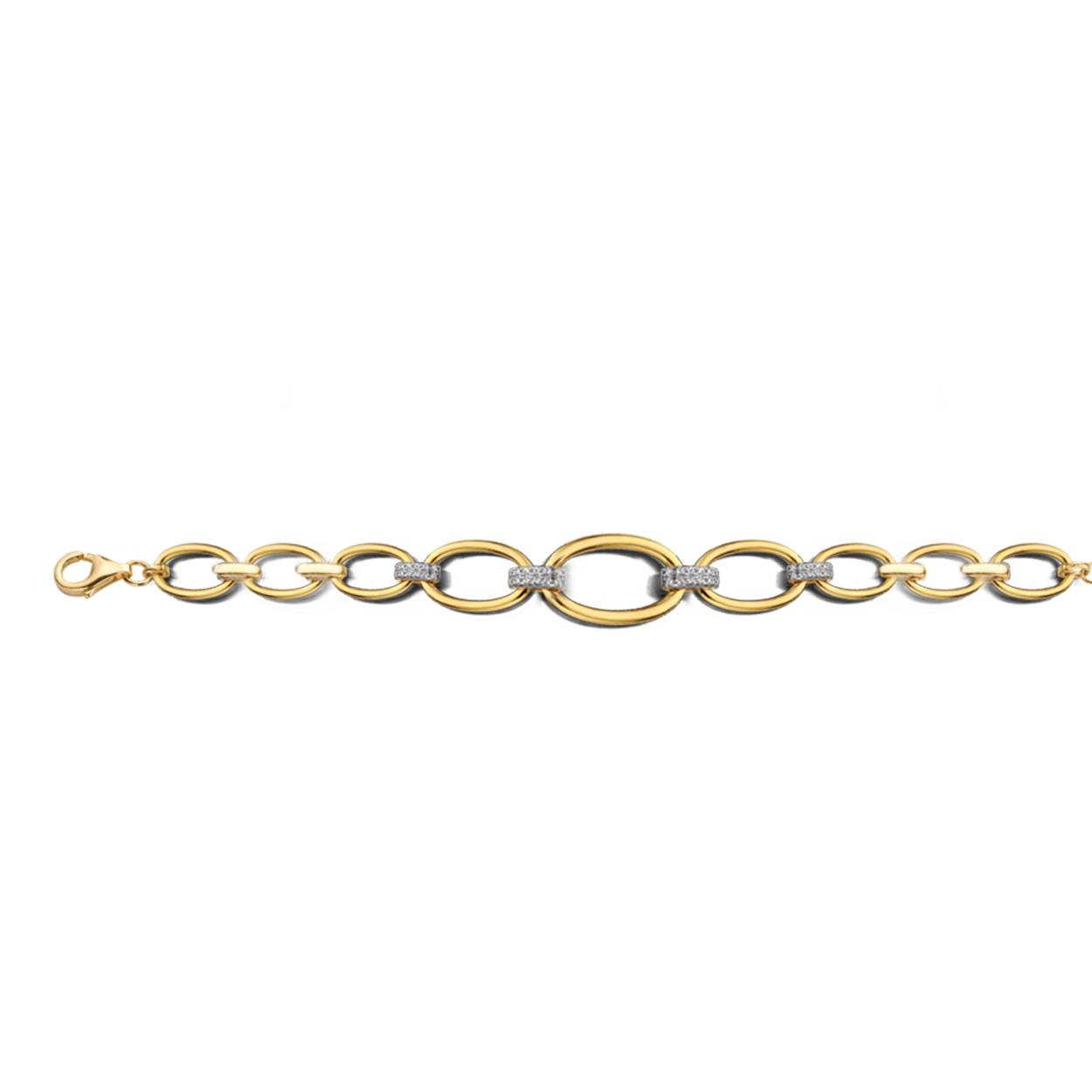 Goudkleurige armband met open schakels en zirkonium steentjes
Materiaal: 925 zilver, verguld 
Bijhorende collier en oorbellen ook verkrijgbaar