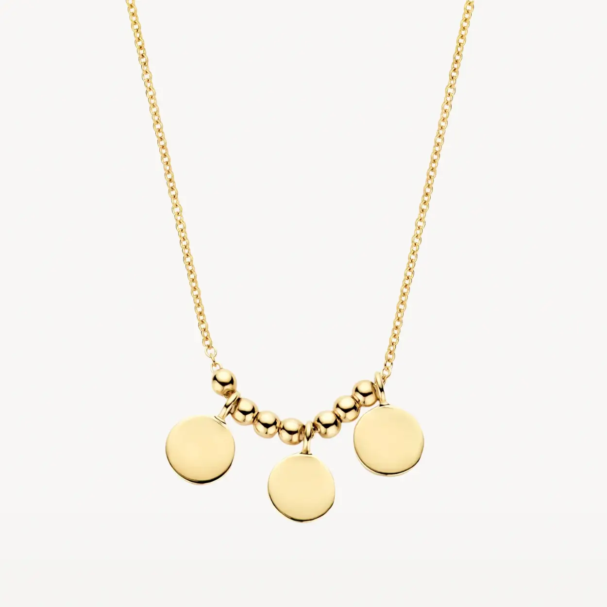 BLush 14 karaat geelgouden collier met drie graveerplaatjes. 