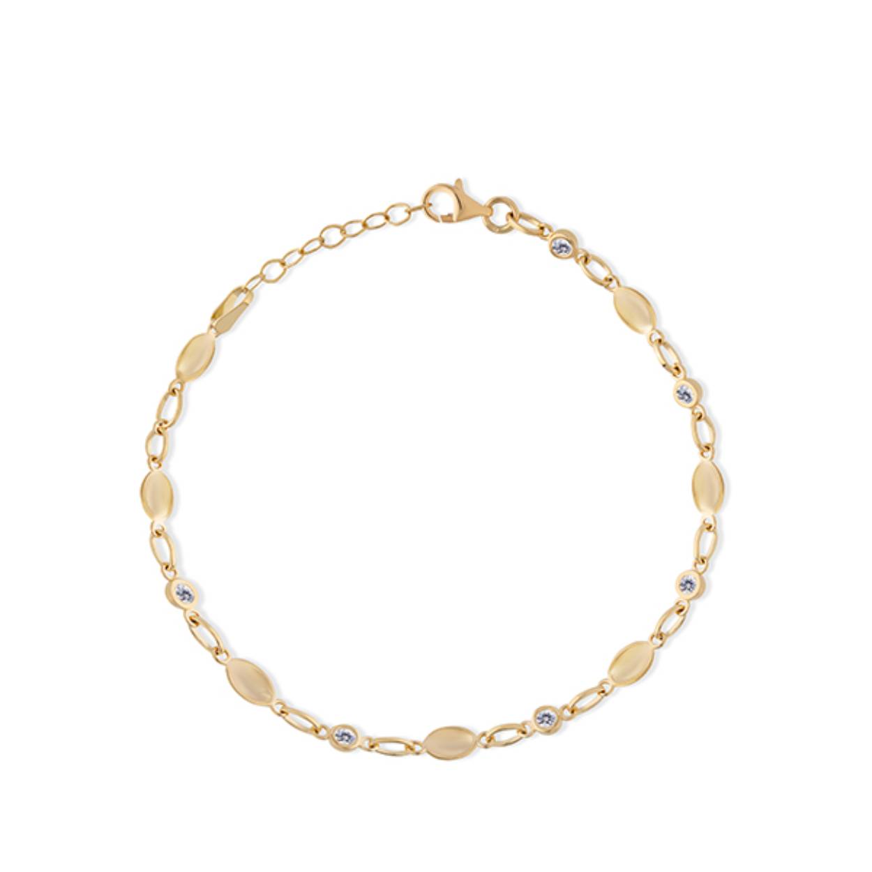 Geelgouden fantasie schakel armband met zirkonia's. 