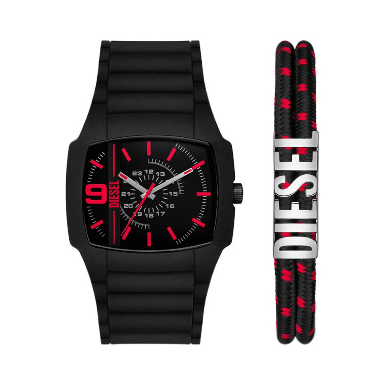 De cadeauset van Diesel bevat een Cliffhanger 2.0 horloge van 45 mm met drie wijzers, een zwart siliconen bandje en een rood en zwarte nylon en roestvrijstalen armband met logo.
