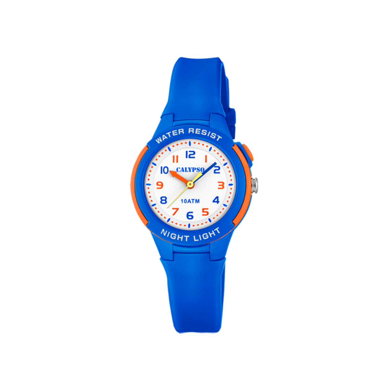 Een stoer kinderhorloge waarmee ze nooit meer te laat komen! Kunststof kast met een rubber band en aangeduid met arabische cijfers. Tot wel 10 ATM waterdicht.