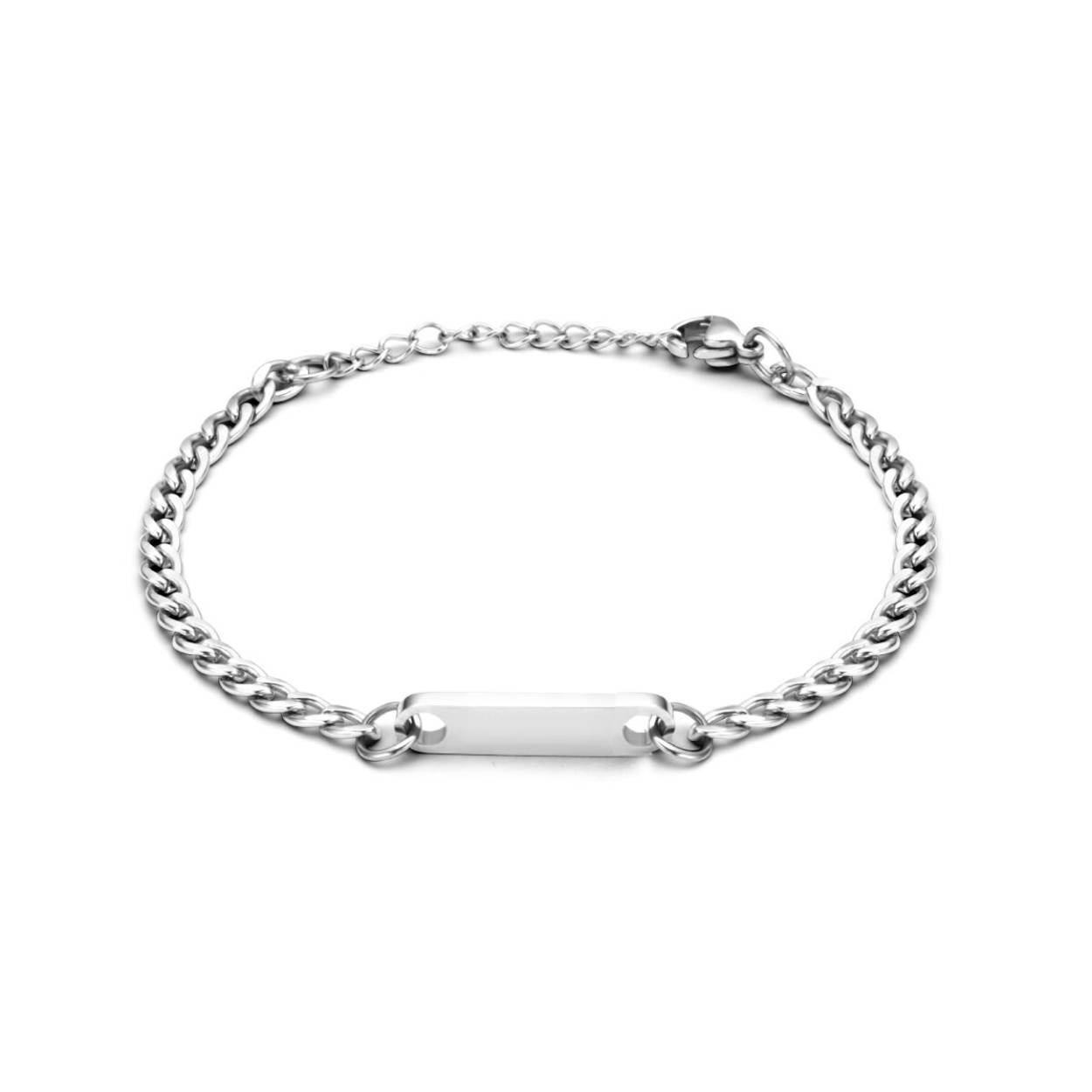 Stalen gourmette graveerarmband uitgevoerd met een karabijn sluiting. De armband heeft een schakelbreedte van 3.6mm en de plaat heeft een afmeting van 5x22mm.