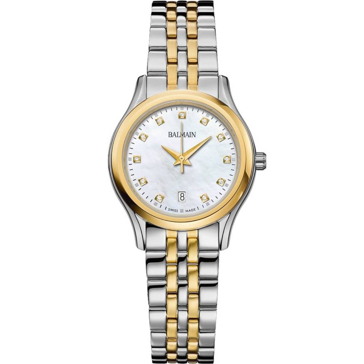 Dit stijlvolle Beleganza dames horloge heeft een roestvrijstalen kast met een diameter van 27 mm en is voorzien van een tweekleurige metalen band. De parelmoeren wijzerplaat is versierd met kleine briljanten en beschikt over een datumaanduiding.