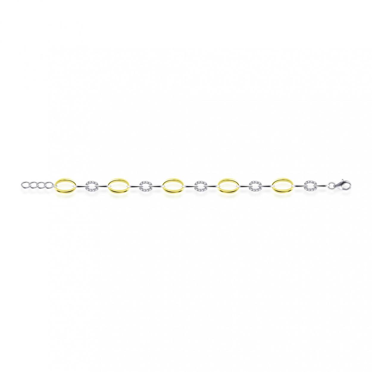 Mooie zilveren en vergulde fantasie schakel armband met zirkonia's. Lengte 20 cm verstelbaar naar 18 cm.